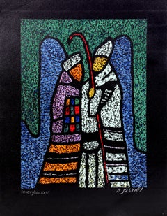 Two Shepherds, Religious Silkscreen Abraham Yaskil