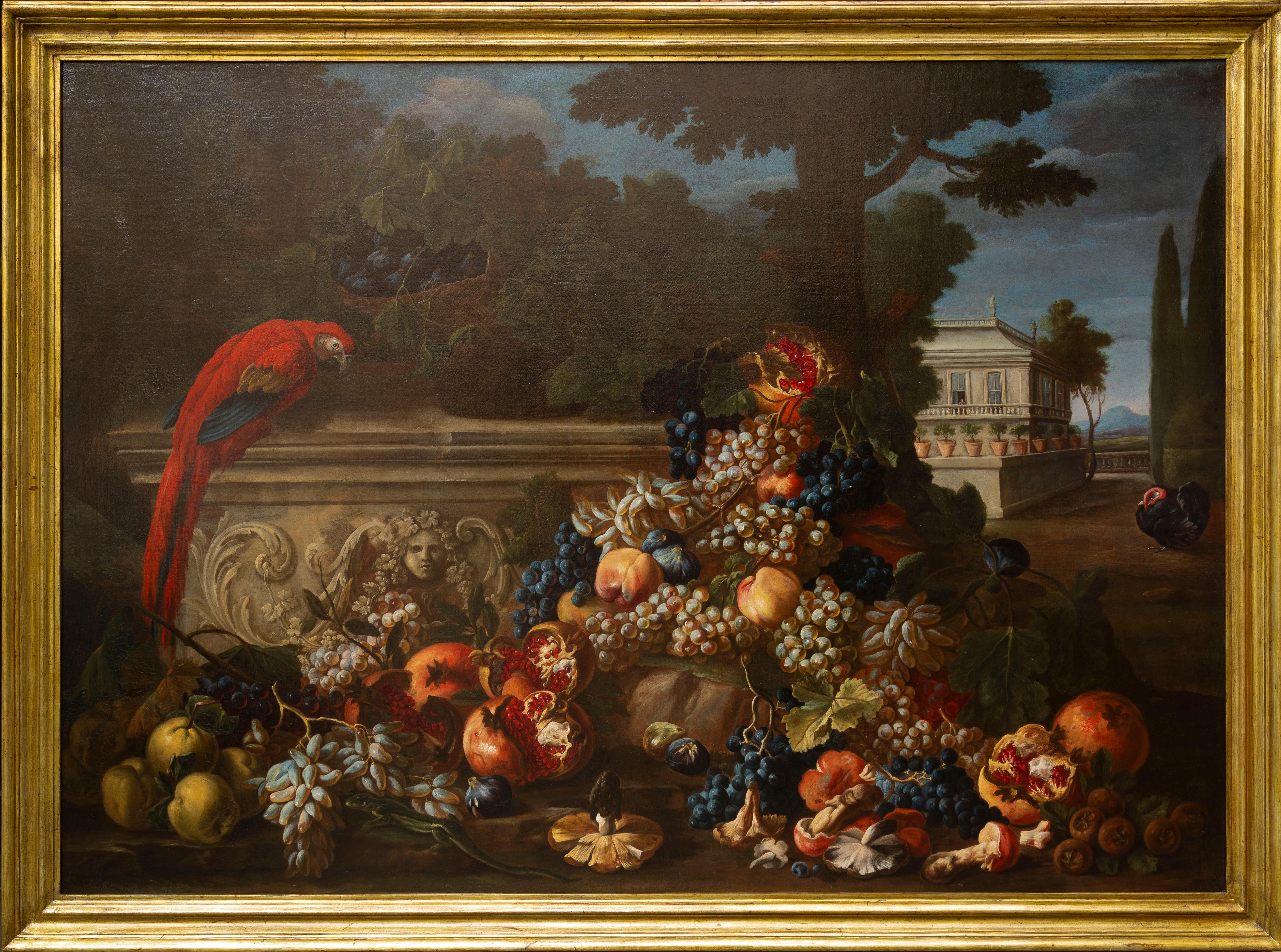 Exceptionnelle nature morte italienne du 17e siècle avec un perroquet rouge et des fruits - Painting de Abraham Brueghel
