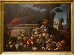 Exceptional Italian 17th Century Still-Life Painting Wit a Red Parrot and Fruits
