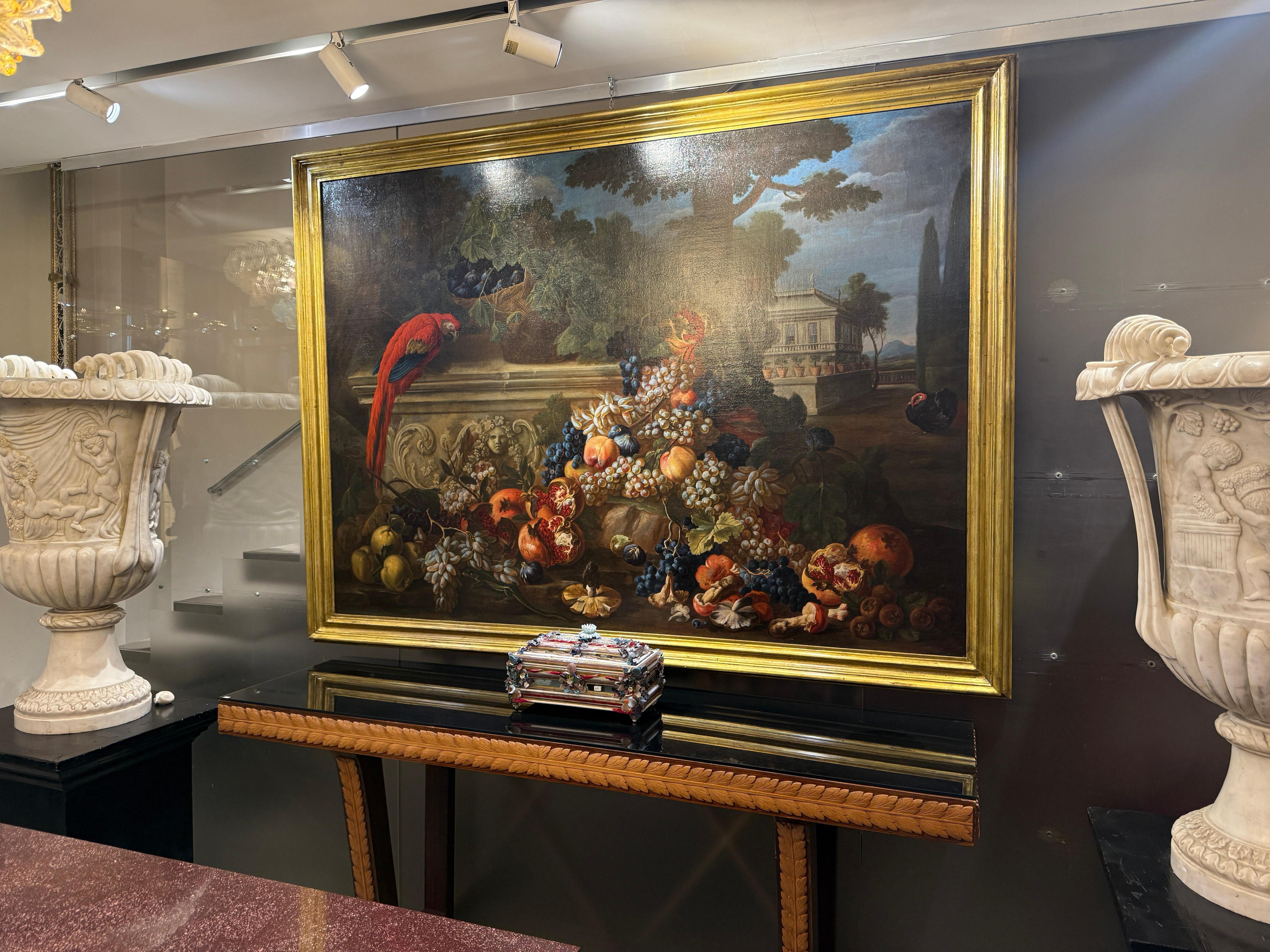 Exceptionnelle nature morte italienne du 17e siècle avec un perroquet rouge et des fruits - Maîtres anciens Painting par Abraham Brueghel