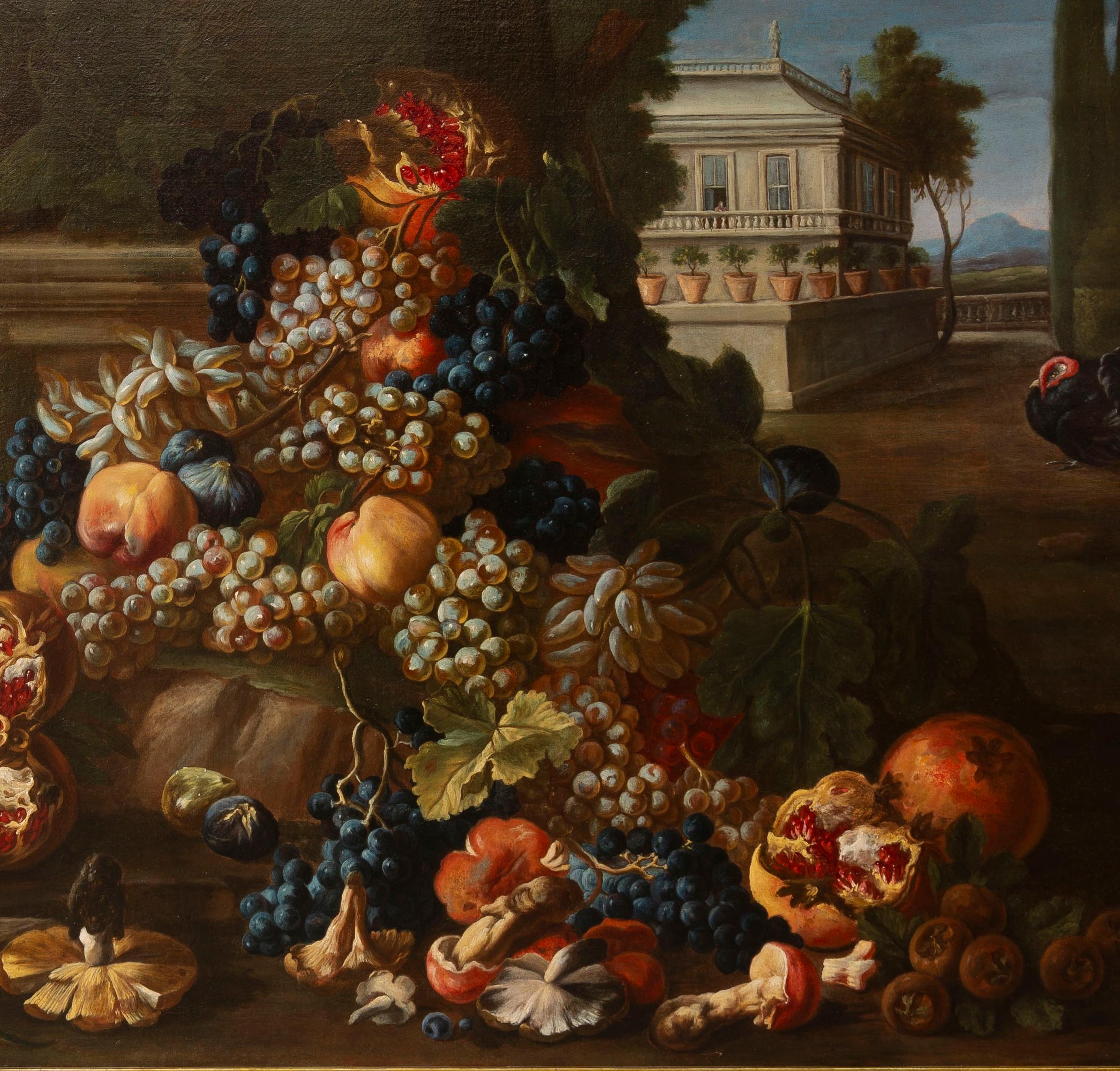 
17' siècle Nature morte à l'huile sur toile avec fruits  et une étonnante  fond de perroquet rouge avec paysage et jardin avec éléments architecturaux. 
Cadre peint en doré.
Il est  attribuée au Flamand Abraham Brueghel, qui a travaillé à Rome et à