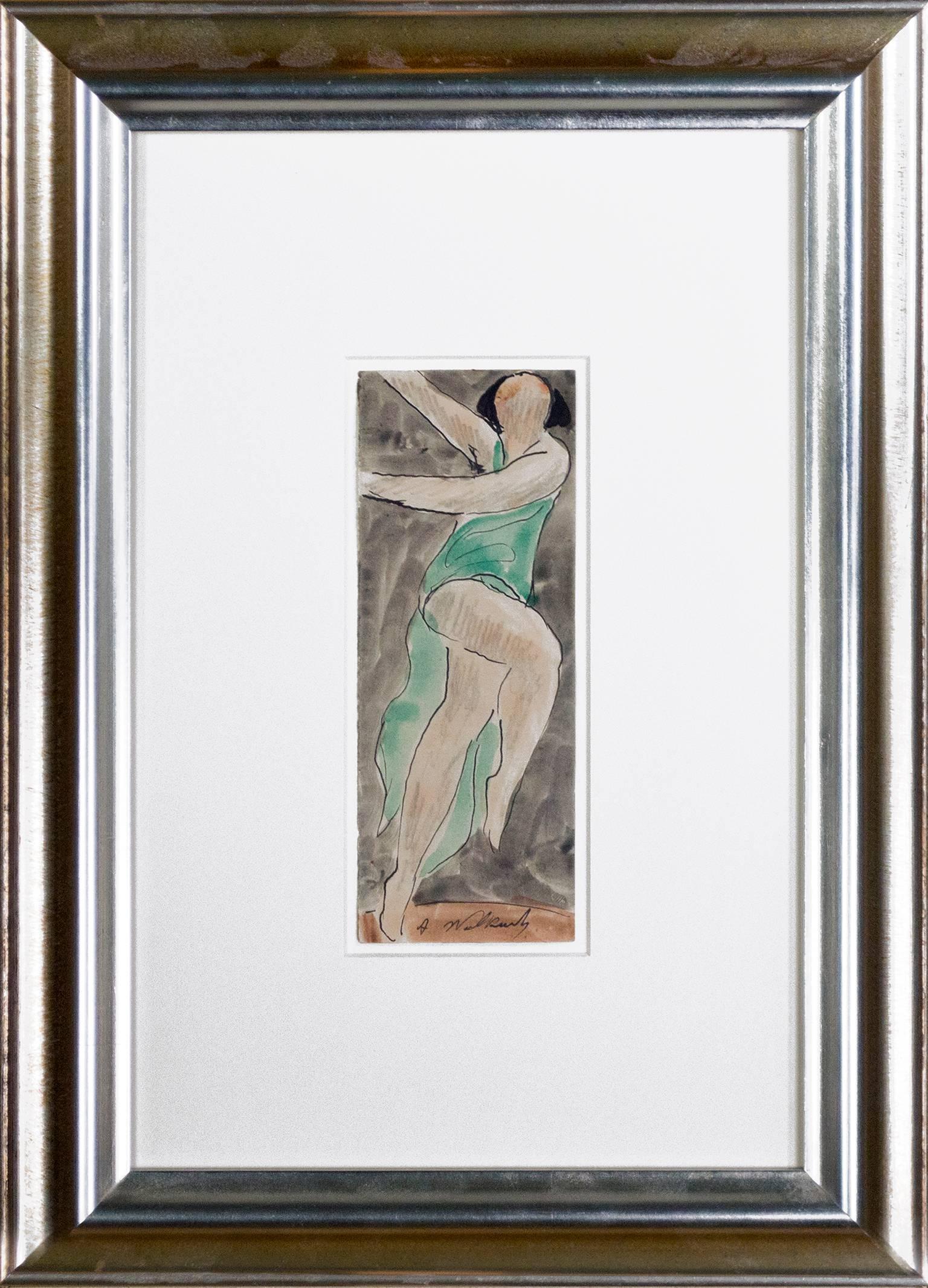 "Isadora Duncan Dancing #3" is an original ink and watercolor piece on cream paper by Abraham Walkowitz. The artist signed the piece in the lower center. The drawing depicts Isadora Duncan, famous American dancer. 

7" x 2 3/4" art
16" x 11 1/2"