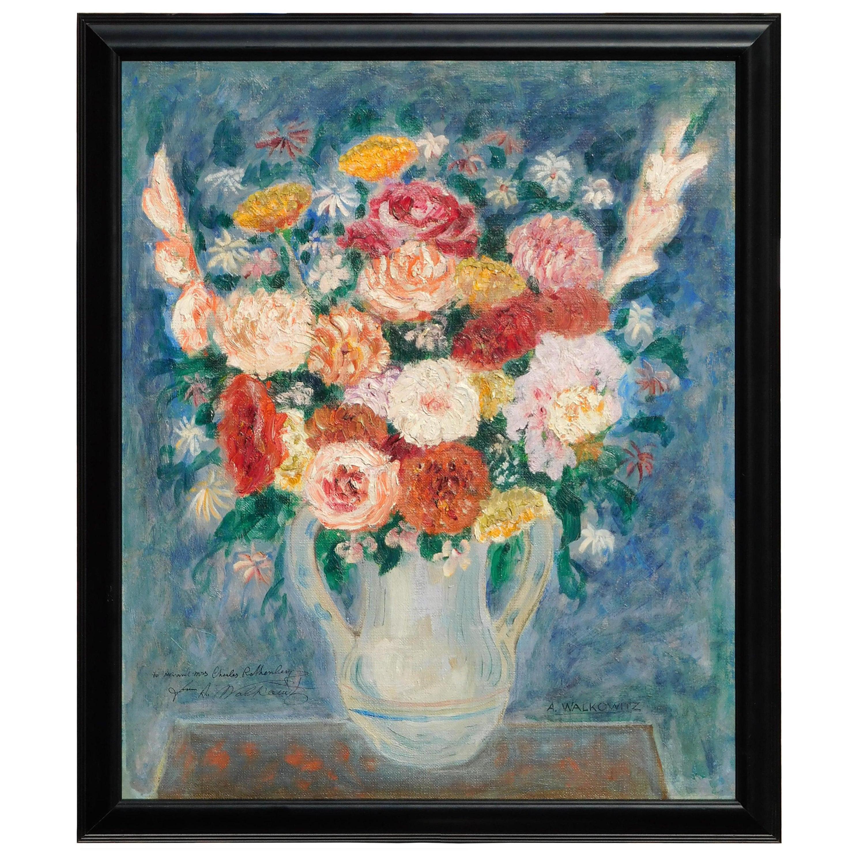 Óleo sobre tabla original: bodegón de flores del célebre artista modernista Abraham Walkowitz, (1878-1965).
Firmado abajo a la derecha "A. Walkowitz" y una inscripción abajo a la izquierda "para el Sr. y la Sra. Charles Rothenberg de A.