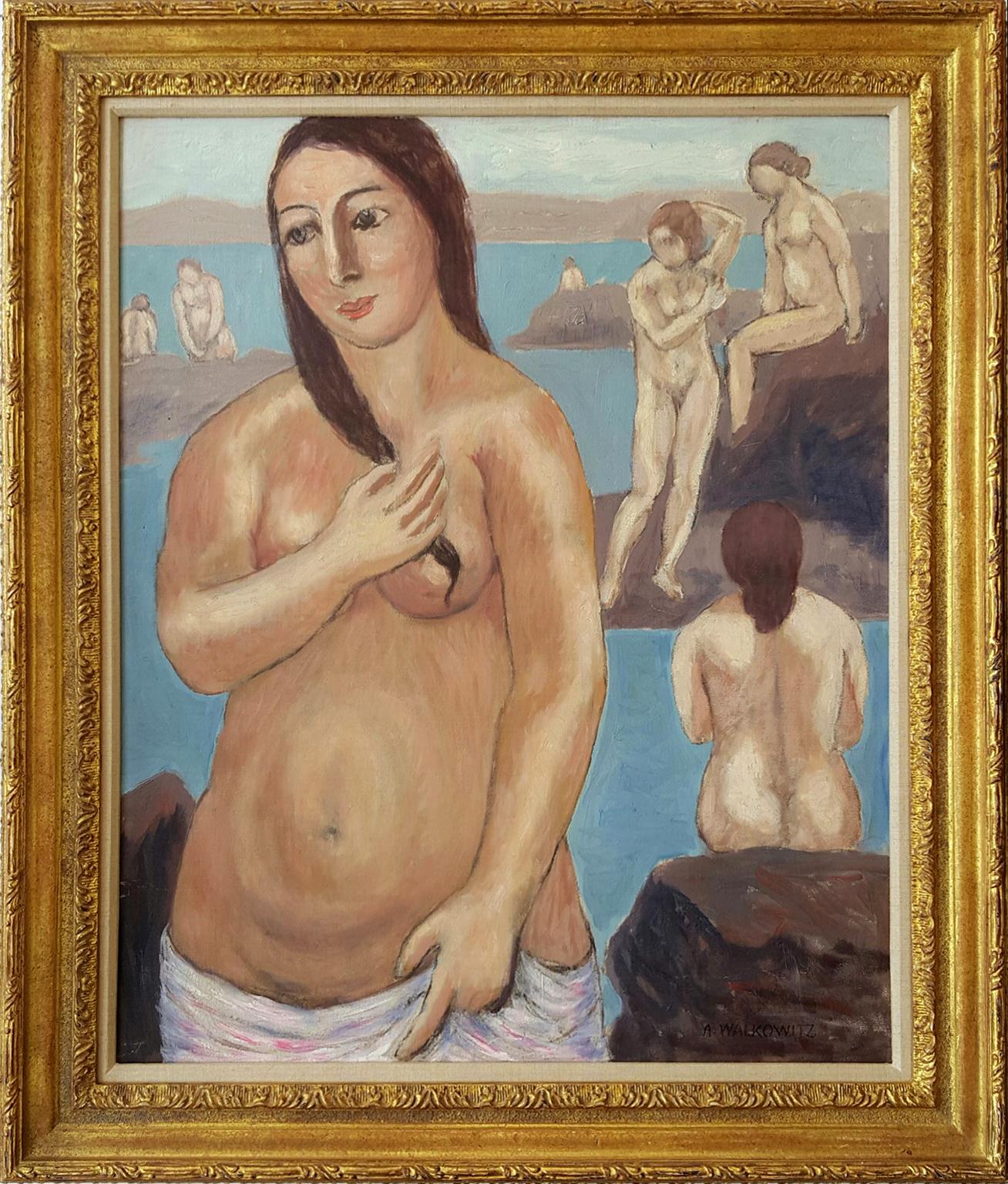 Abraham Walkowitz Figurative Painting – Museumsqualität, Nackt mit rosa Handtuch 