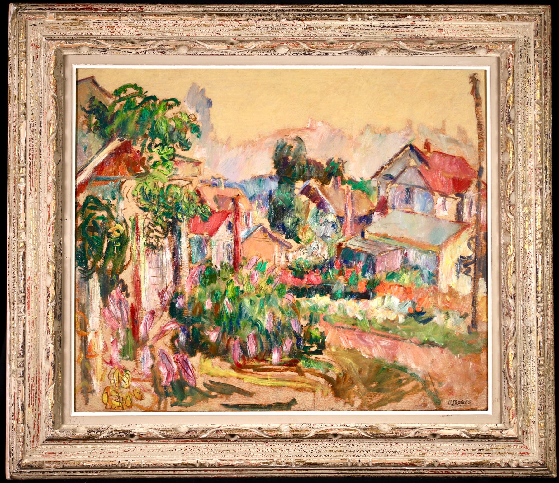 The Garden - 20th Century Oil, Cottages in Village Landscape by Abram Manevich - Painting by Abram Anshelevich Manevich
