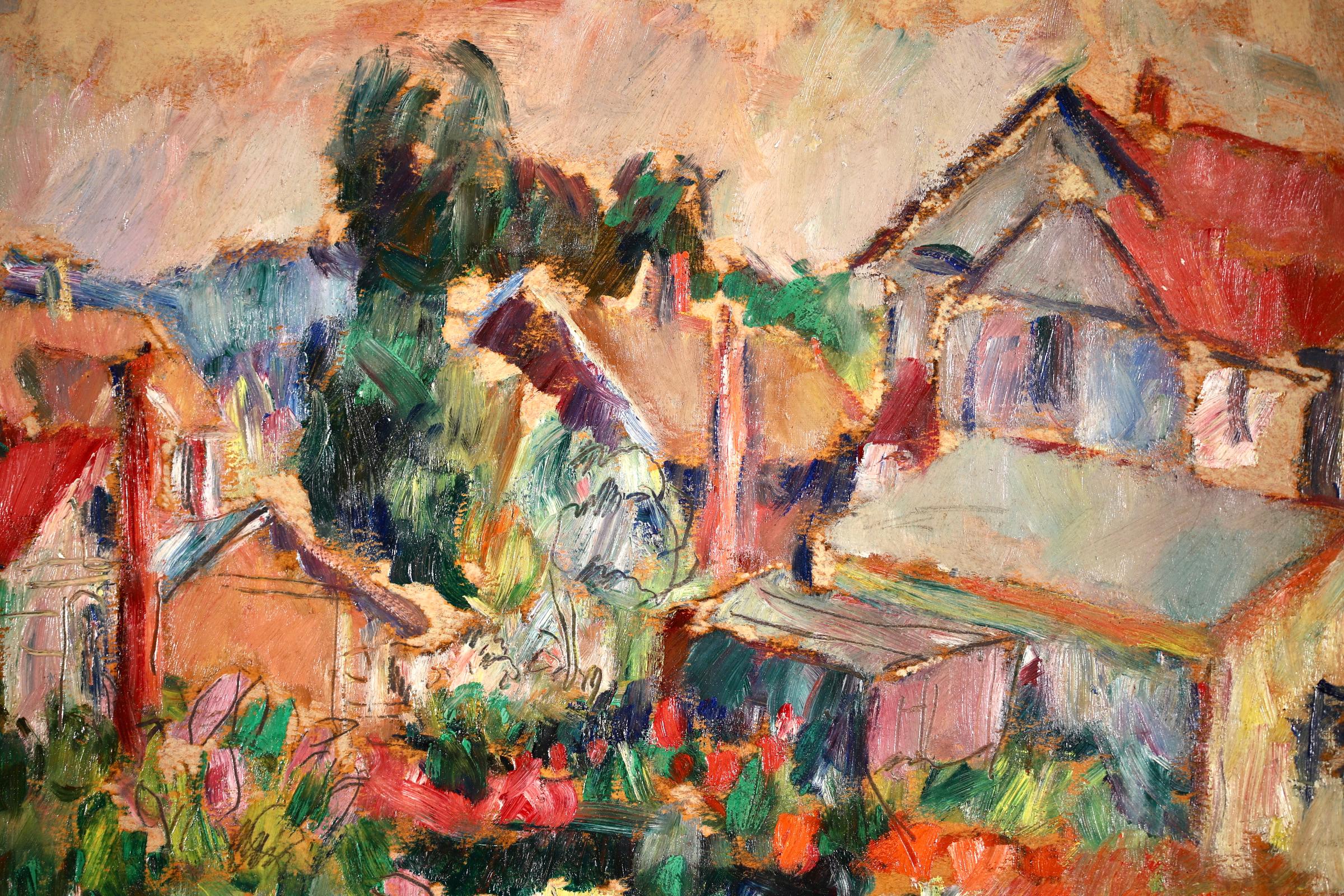 The Garden - 20th Century Oil, Cottages in Village Landscape by Abram Manevich - Post-Impressionist Painting by Abram Anshelevich Manevich