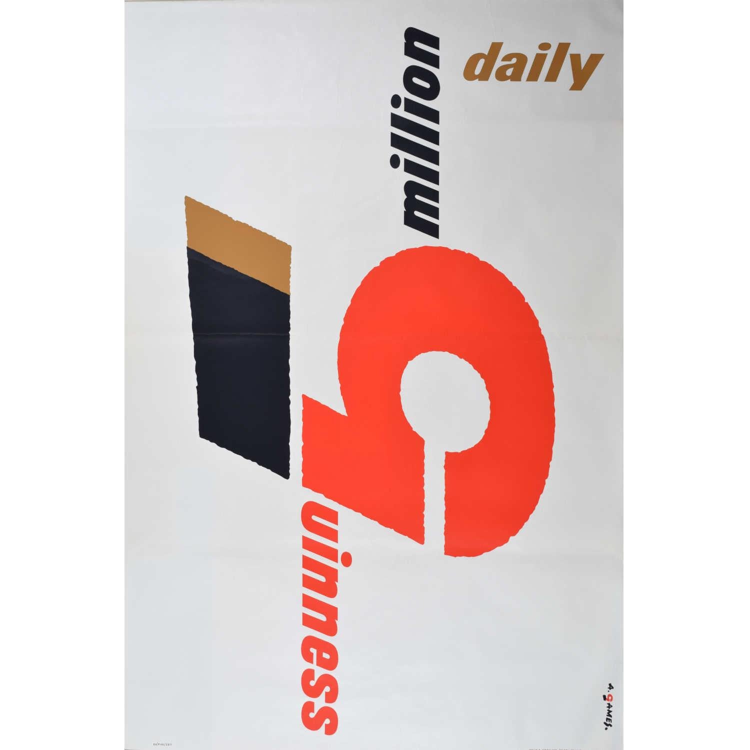 Cartel original de época

152 x 102 cm

Este cartel publicitario data de principios de los años sesenta. Presenta un uso lúdico del texto, ya que la orientación correcta del cartel varía en función de si lees primero "Guinness" o "5 millones