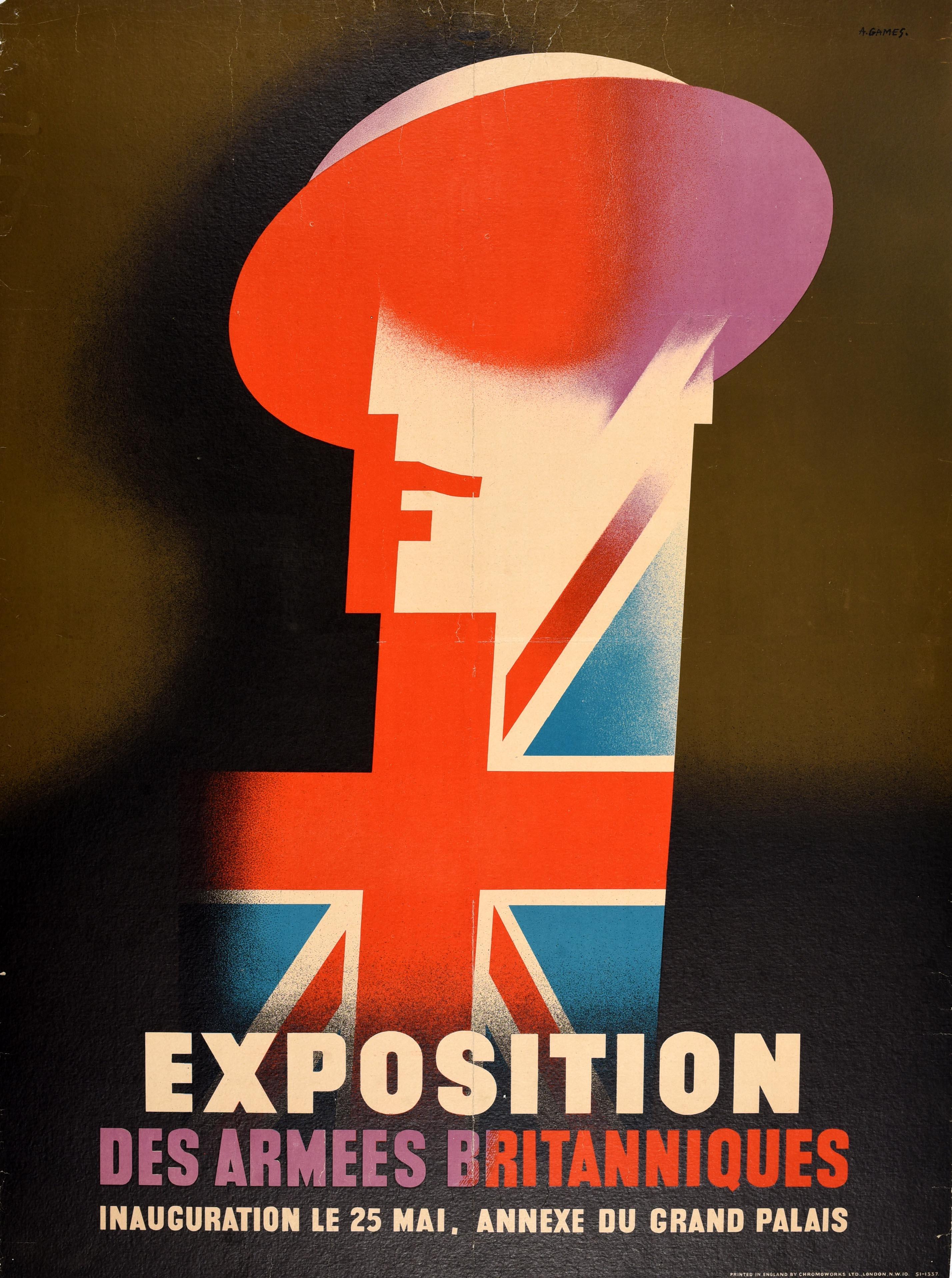 Original vintage advertising poster for a British Army Exhibition on 25 May - Exposition Des Armees Britanniques Inauguration le 25 Mai Annexe du Grand Palais - featuring a great design by the notable British graphic designer Abram Games (Abraham
