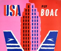 Original-Vintage-Poster, USA Fly BOAC Airline, Reisen, Amerika, Design der Jahrhundertmitte