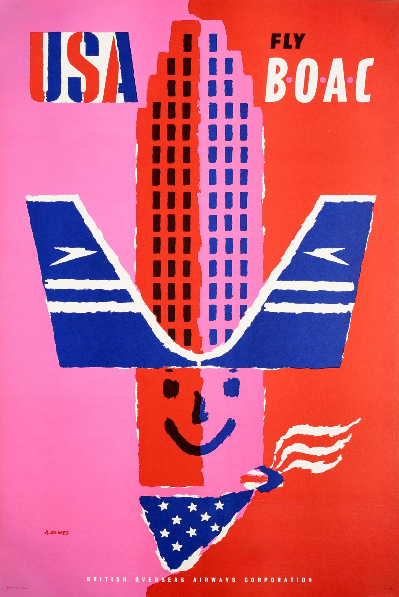 Abram Games Print - Original Vintage Poster USA Fly BOAC Airline Travel America Midcentury Design