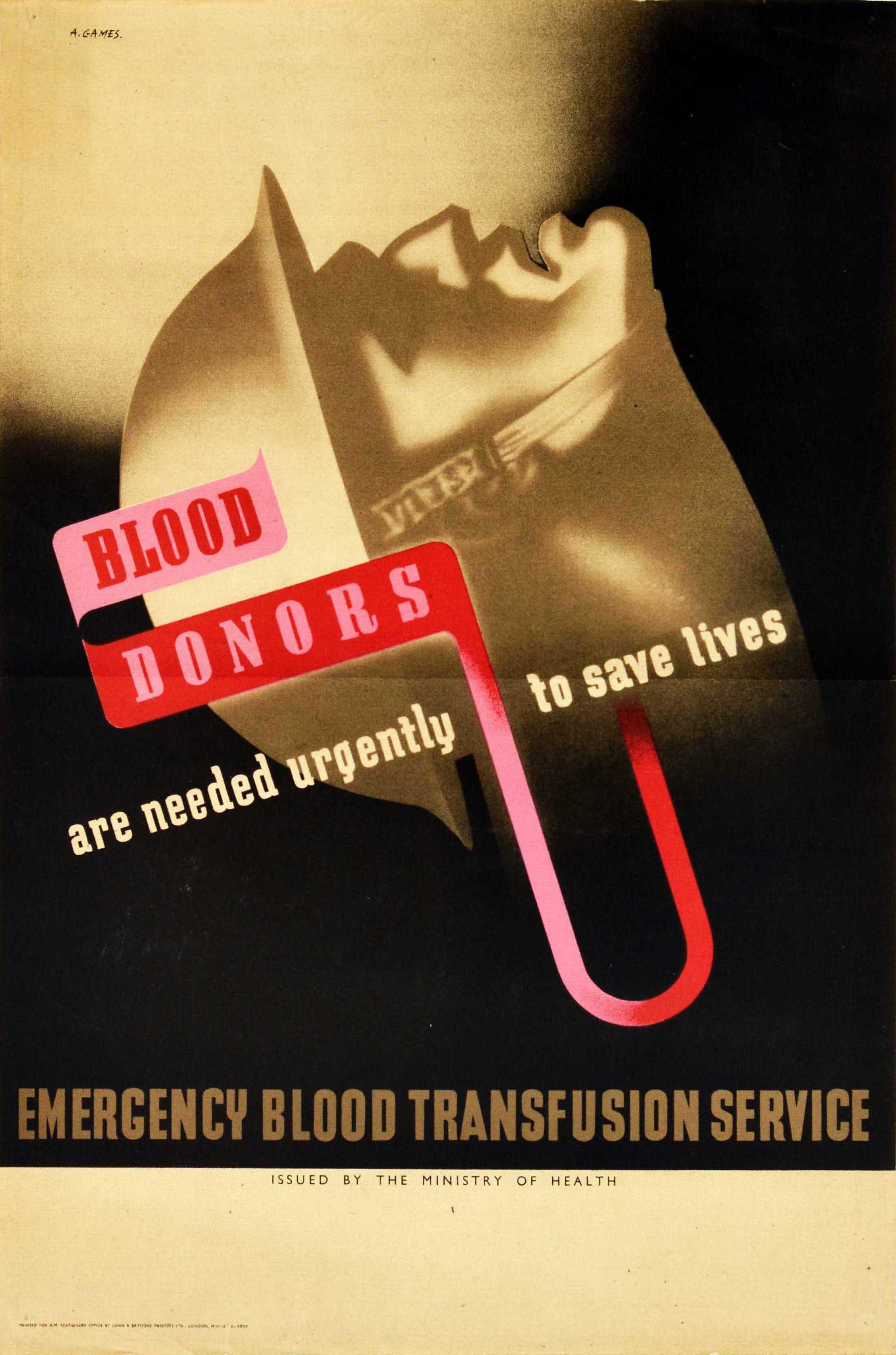 Abram Games Print - Original Vintage War Poster Blood Donors Needed WWII Emergency Modernism Design