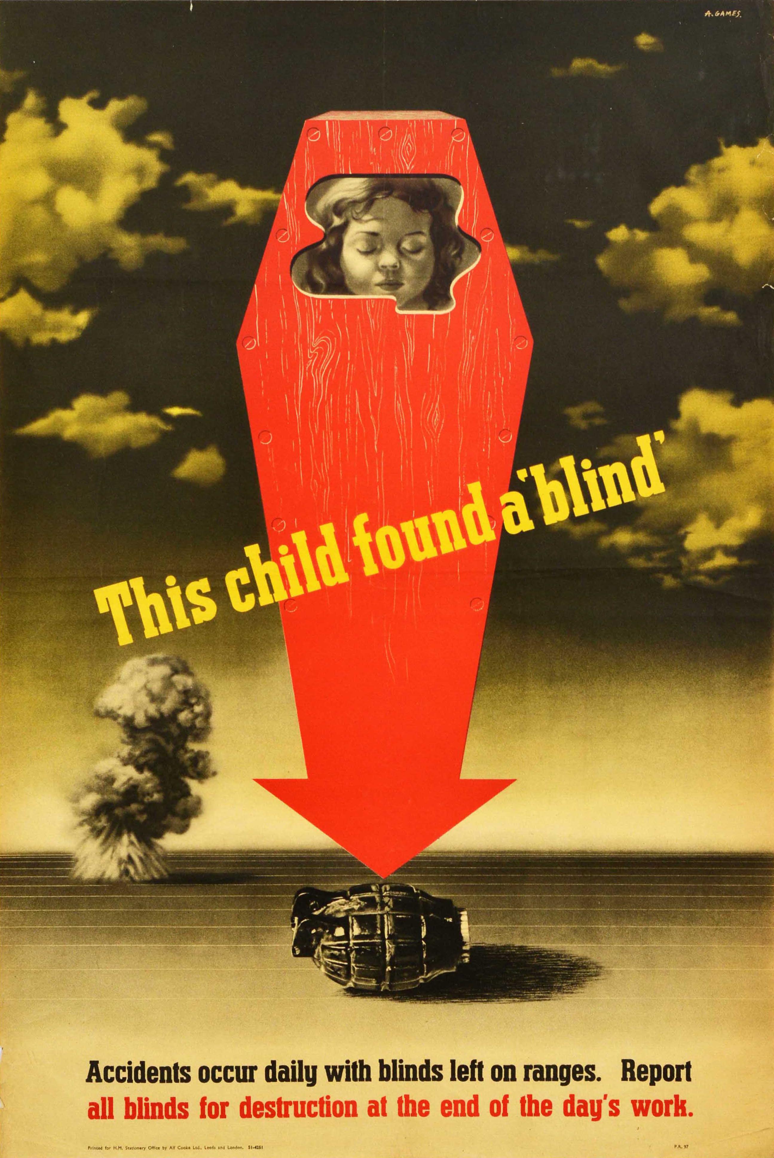 Abram Games Print - Original Vintage War Poster Child Found A Blind WWII Ammunition Shells Modernism