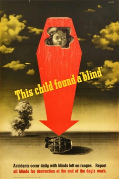Affiche rétro originale de la guerre, Child Found A Blind, Seconde Guerre mondiale, Ammunition, Coquillages, Modernisme
