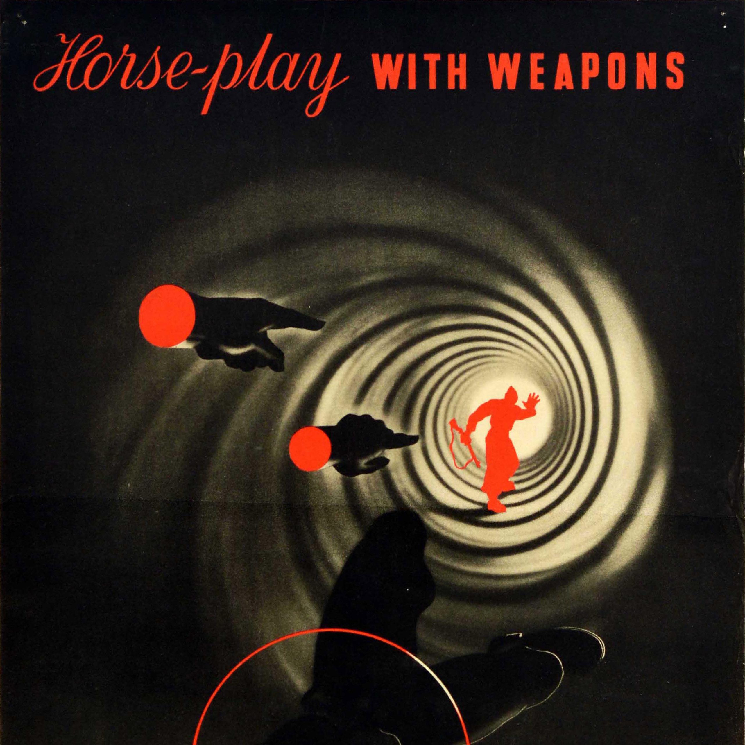 Original Vintage World War Two Safety Poster Horse Play With Weapons WWII Games - Noir Print par Abram Games