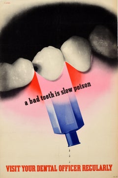 Affiche rétro originale de santé militaire de la Seconde Guerre mondiale, Bad Tooth Slow Poison Abram Games