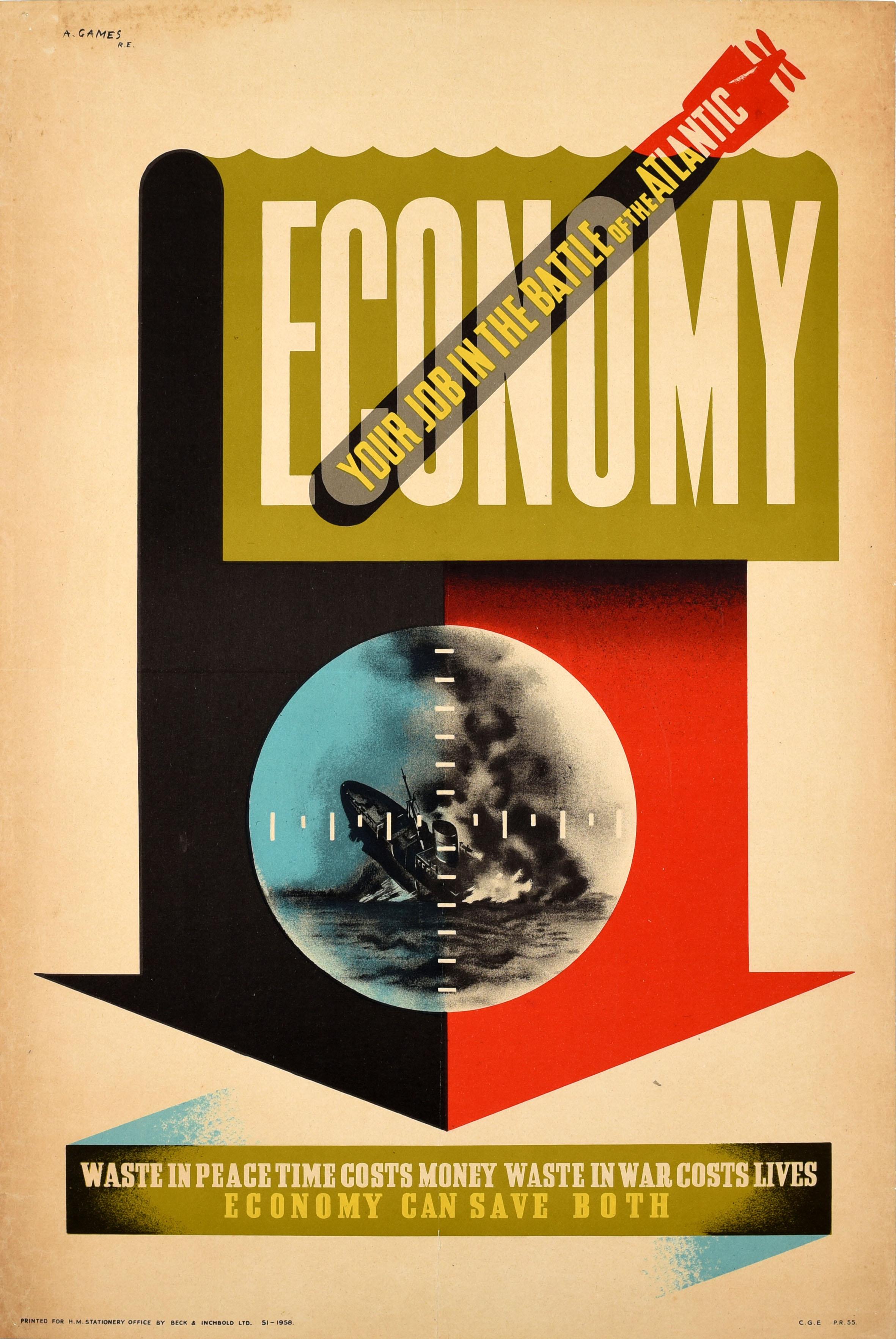 Abram Games Print - Original Vintage WWII Poster Economy Save Waste Peace War Battle Of The Atlantic