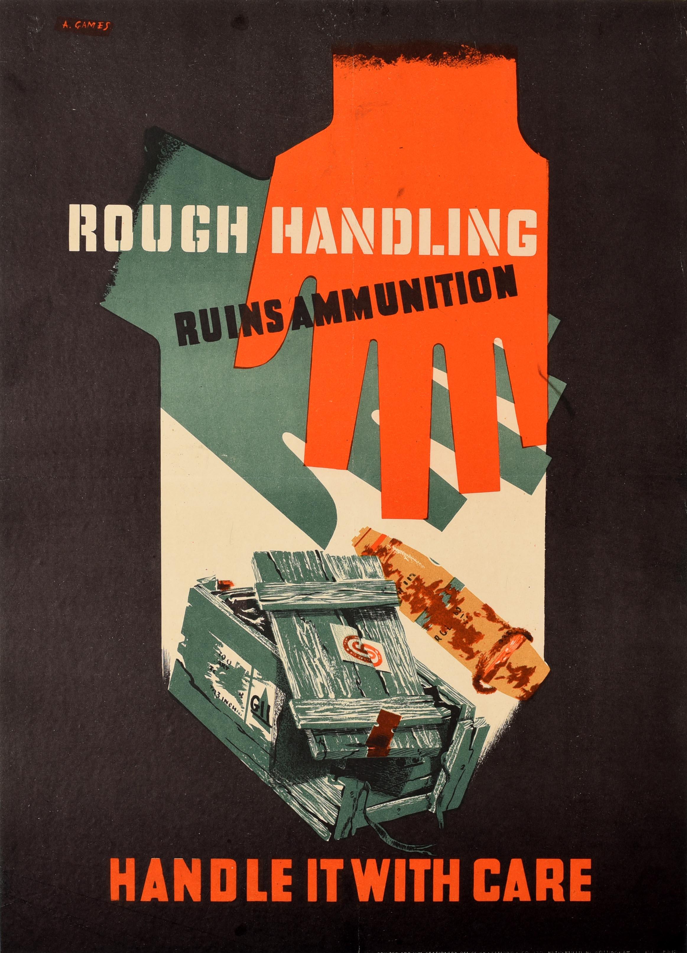 Abram Games Print - Original Vintage WWII Poster Rough Handling Ruins Ammunition Safety Care Warning