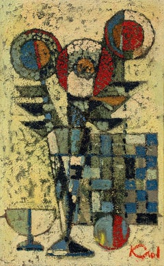 Scène d'intérieur abstraite française du milieu du siècle dernier (vase avec fleurs)