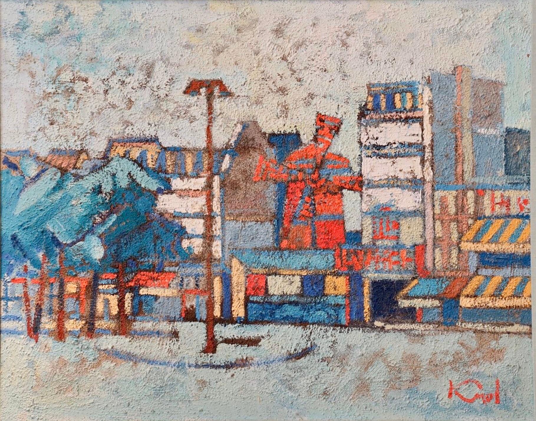 Grande peinture à l'huile moderniste polonaise d'une scène de Paris du milieu du siècle, Moulin Rouge - Painting de Abram Krol