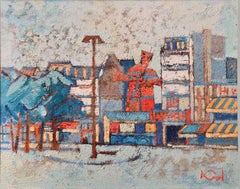 Grande peinture à l'huile moderniste polonaise d'une scène de Paris du milieu du siècle, Moulin Rouge