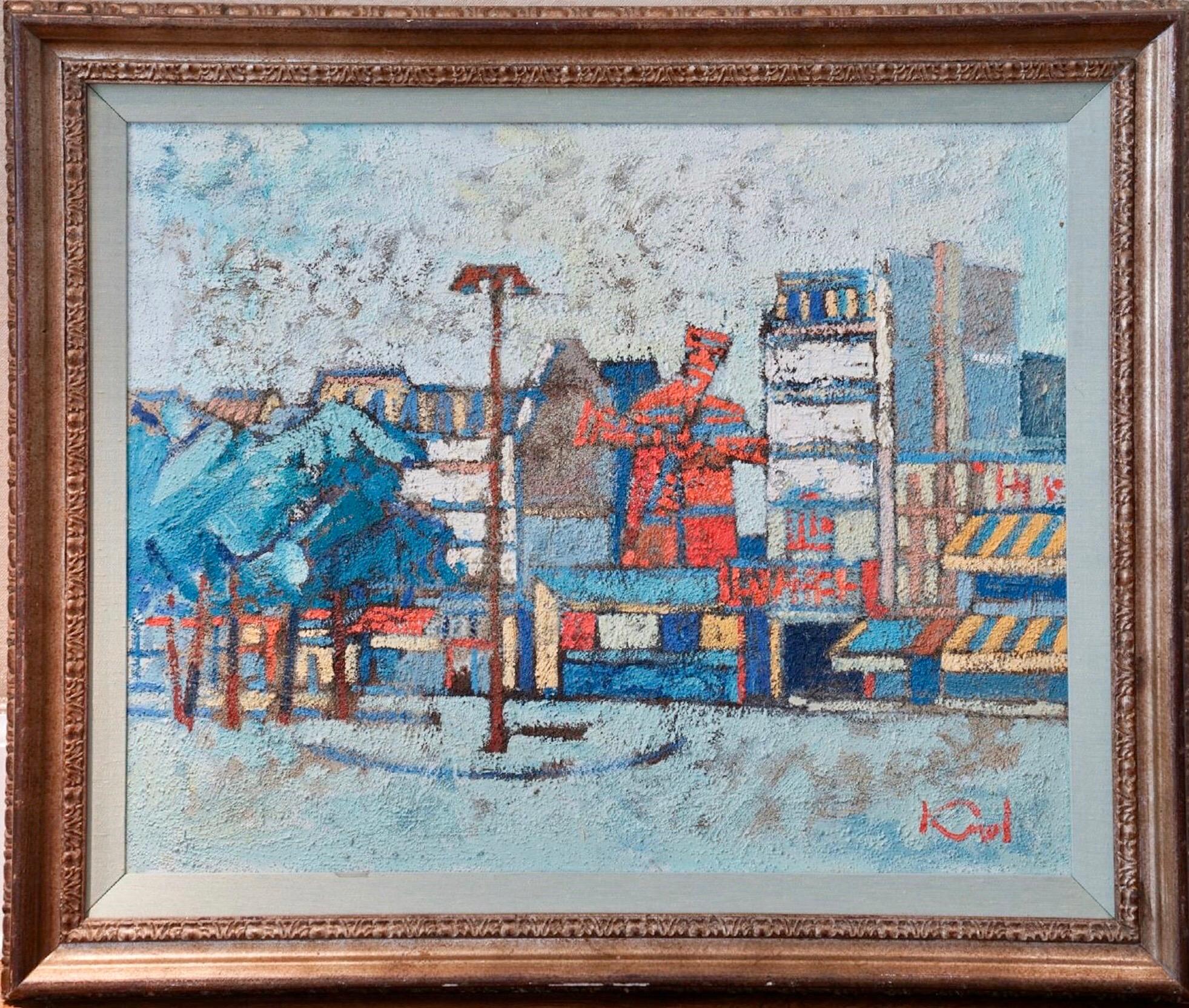 Landscape Painting di Abram Krol - Grande quadro a olio polacco francese con scena parigina della metà del secolo scorso, dipinto a olio Moulin Rouge