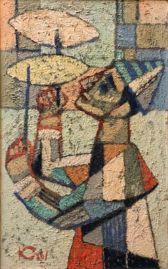 Polish French Ecole de Paris Mid Century Modernist Oil Painting Clown Juggler