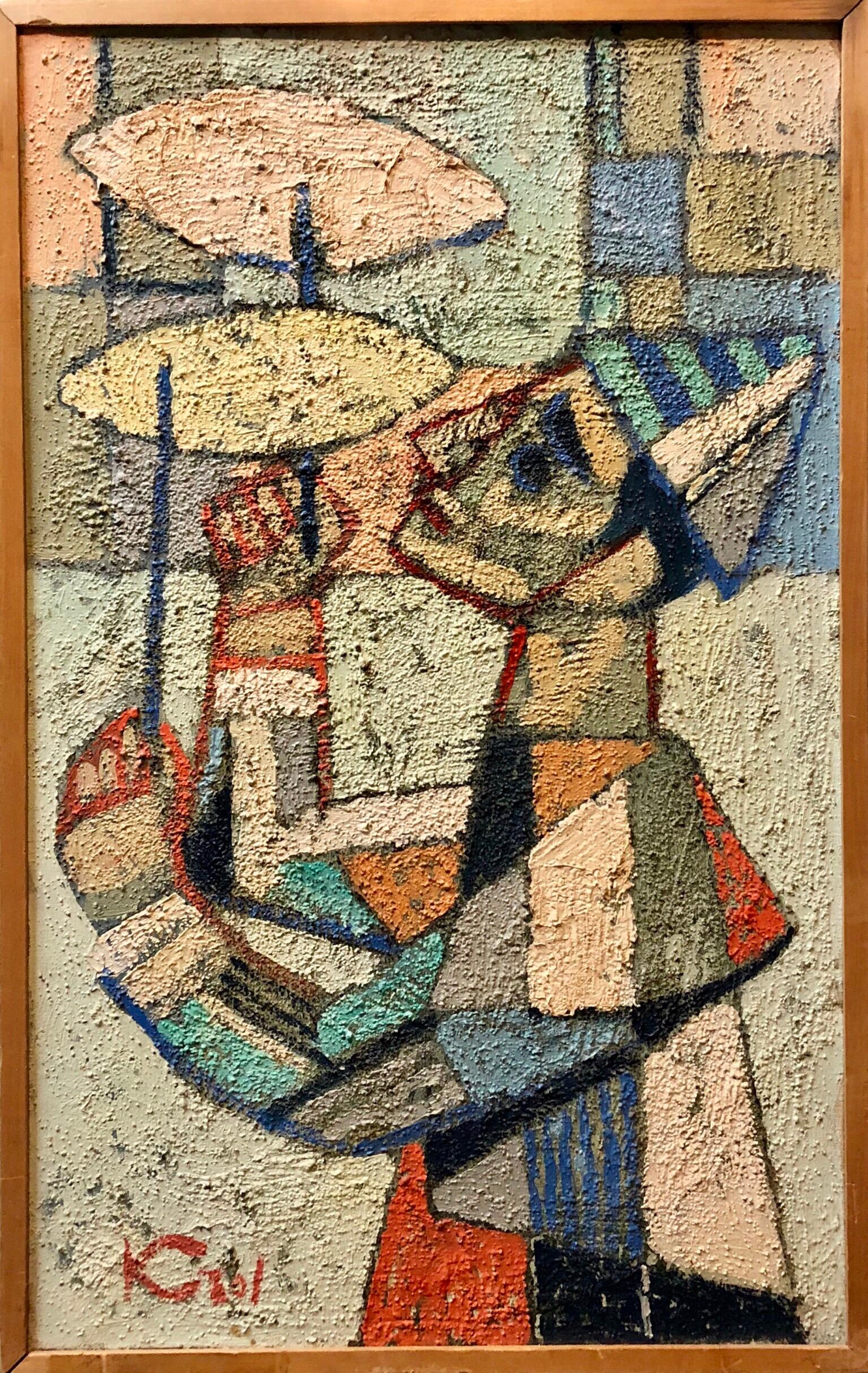 Pintura al óleo modernista de mediados de siglo de la Escuela de París francesa polaca Payaso malabarista