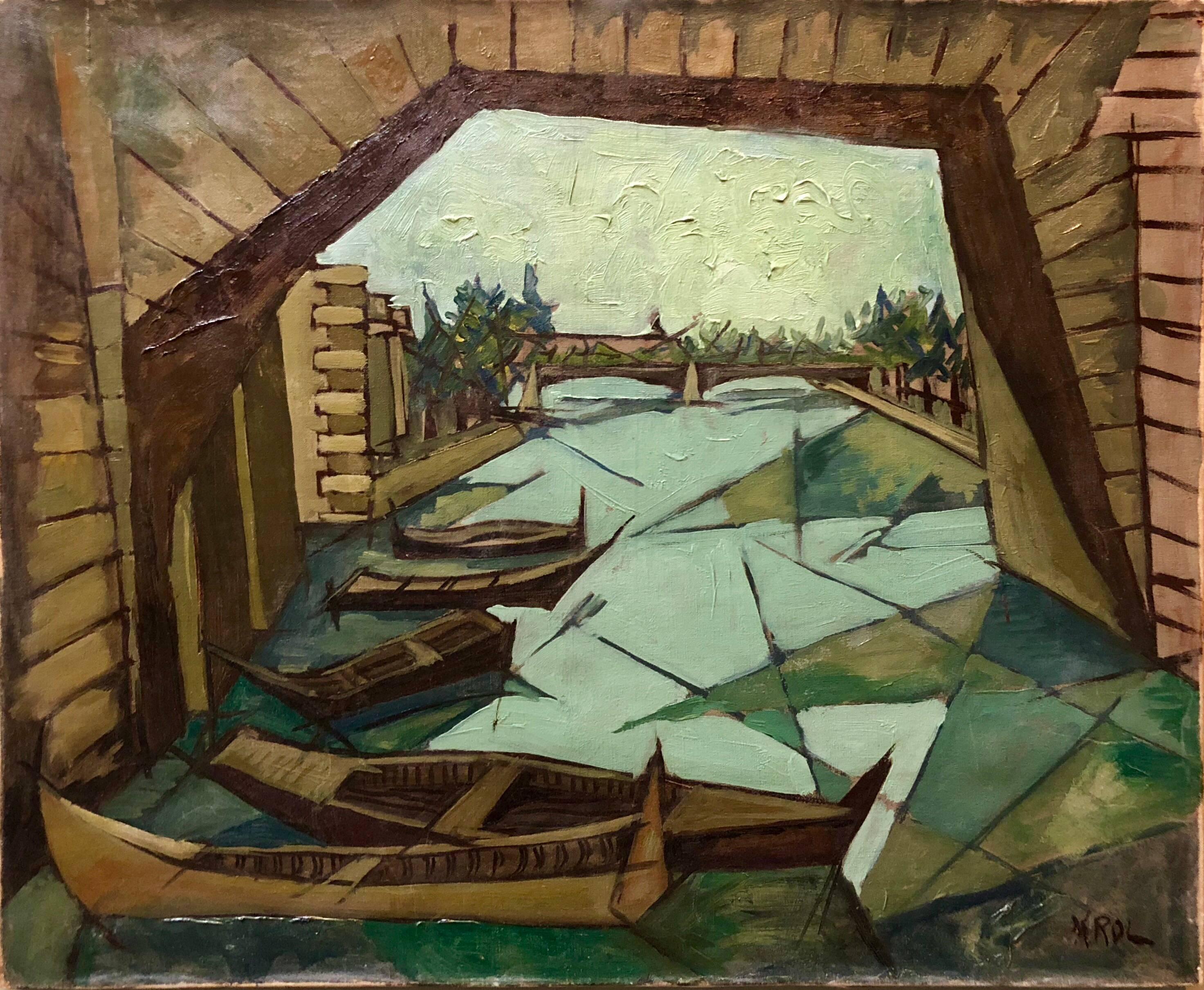 Abstract Painting Abram Krol - Scène de gondole de Venise abstraite moderne du milieu du siècle dernier, de style polonais