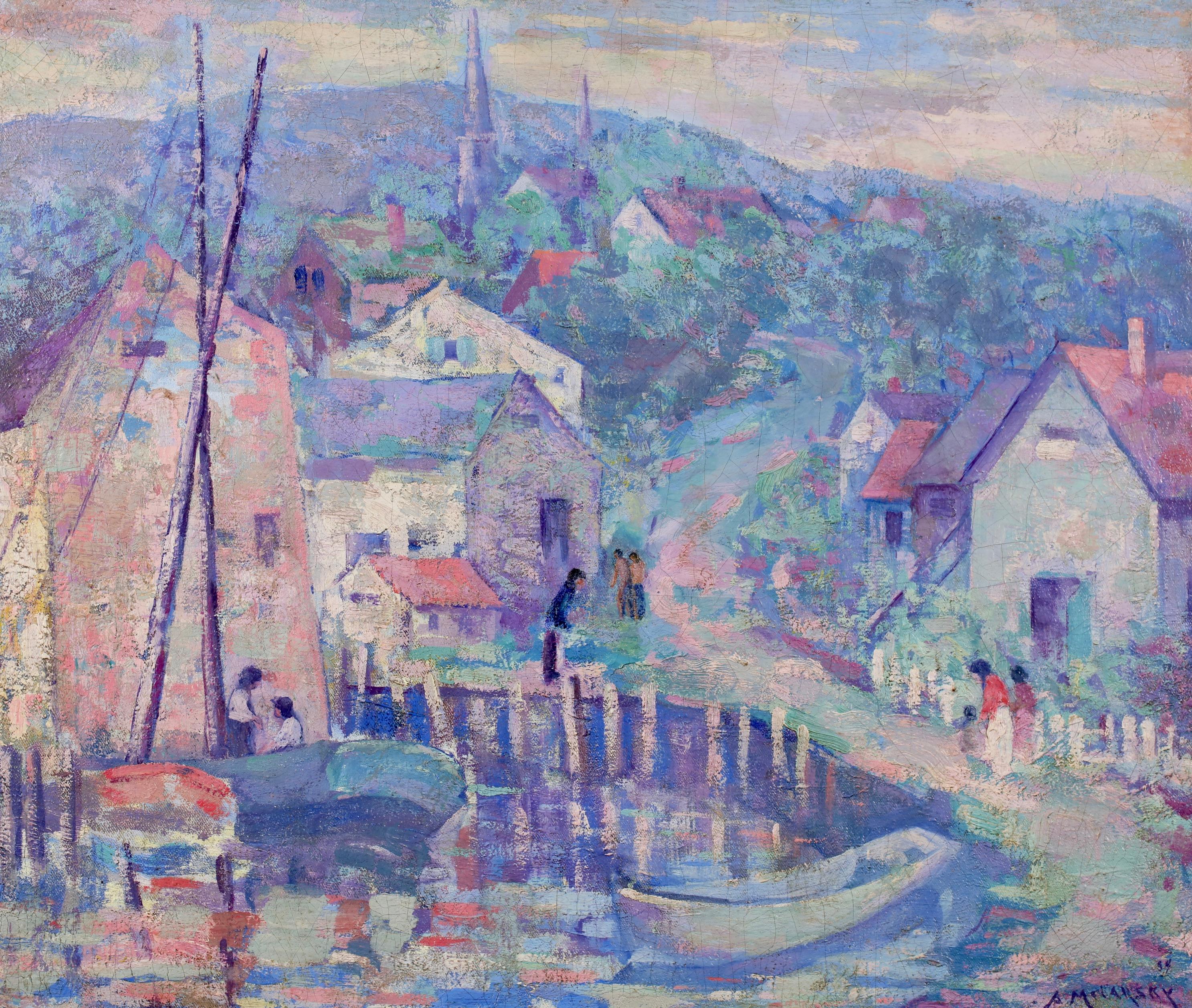 Puerto de Gloucester - Paisaje impresionista americano Óleo de Abram Molarsky en venta 1