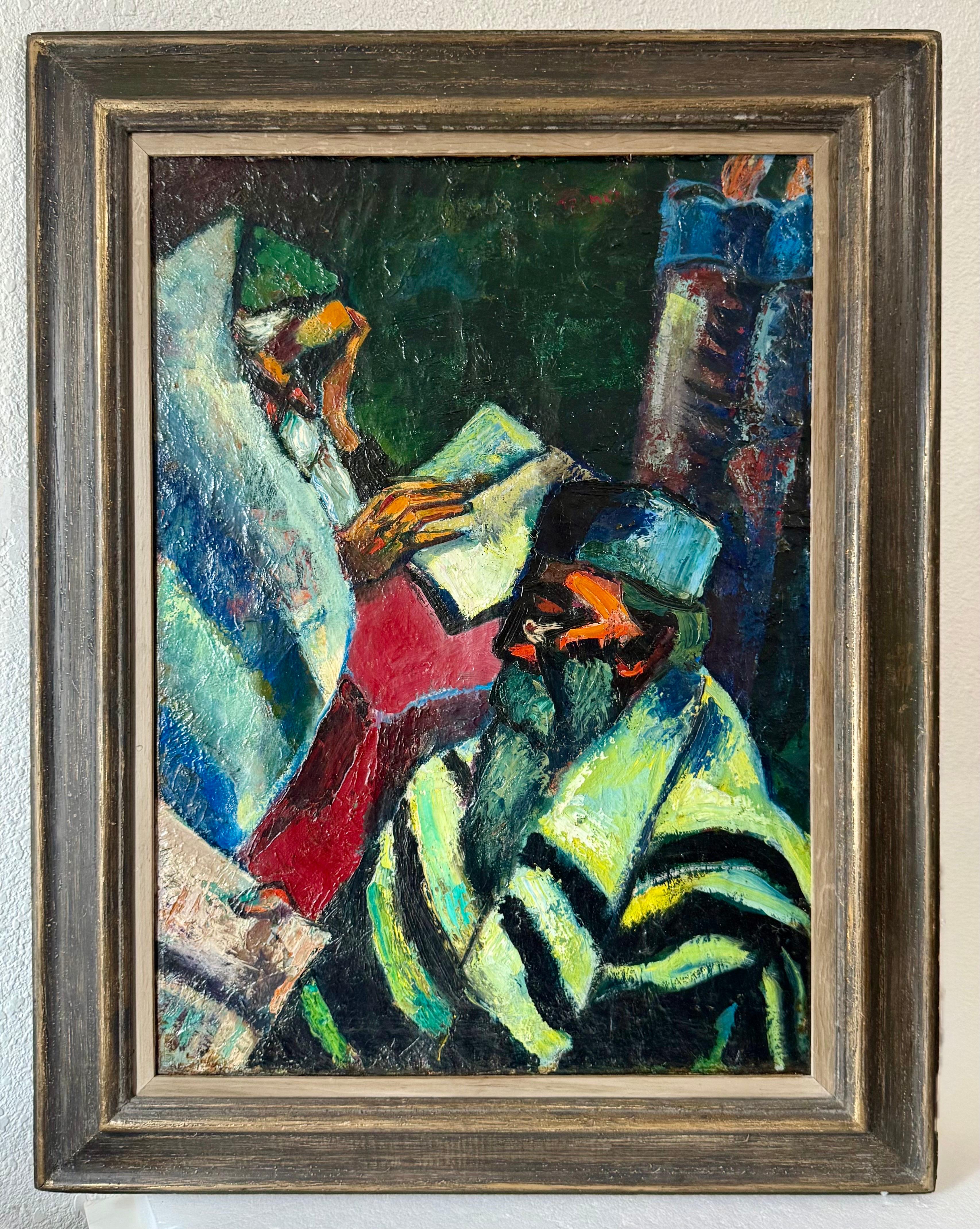 Seltene große Judaica Ölgemälde jüdische 2 Rabbiner Gemälde Abram Tromka WPA Künstler im Angebot 3