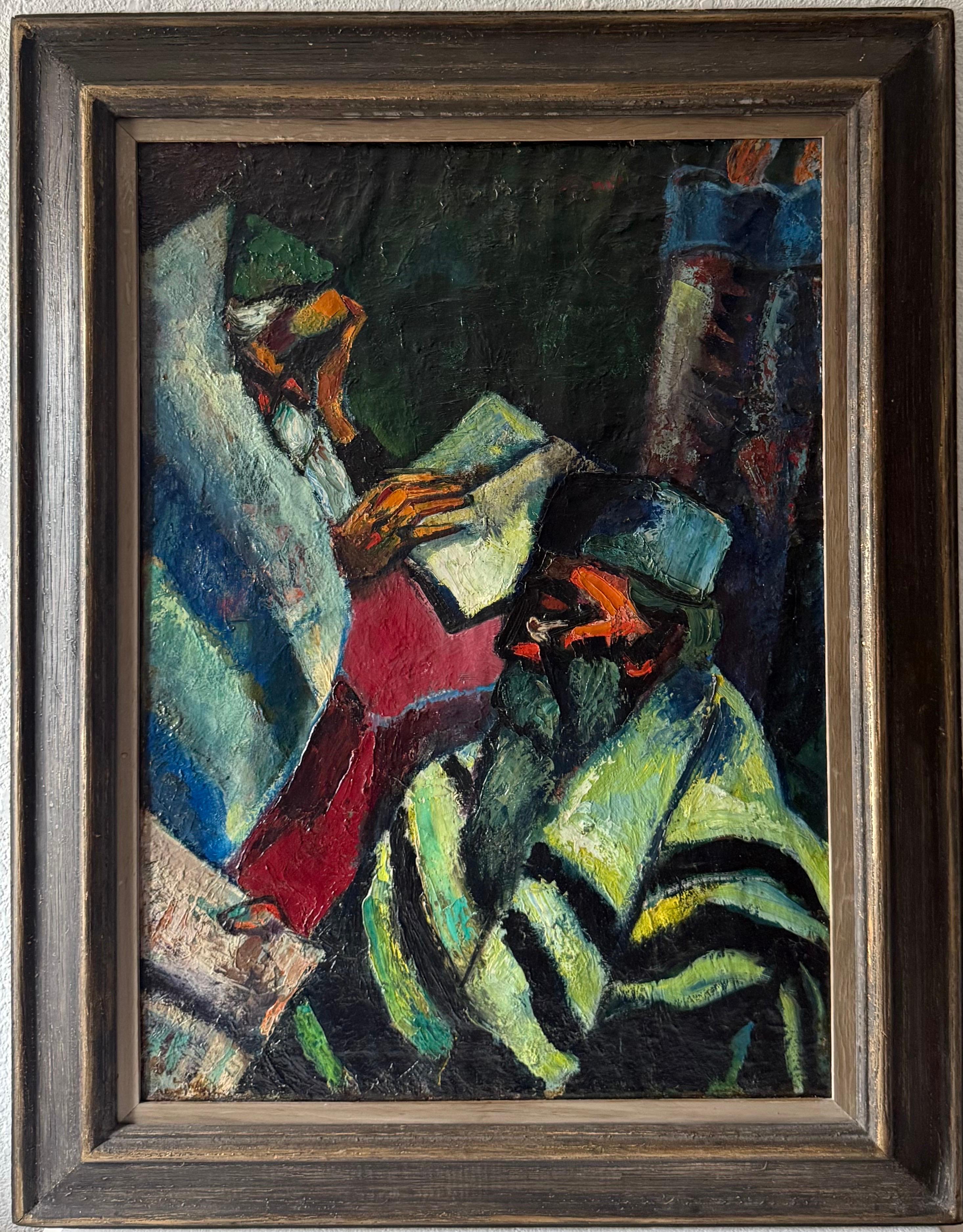 Seltene große Judaica Ölgemälde jüdische 2 Rabbiner Gemälde Abram Tromka WPA Künstler im Angebot 4