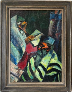Seltene große Judaica Ölgemälde jüdische 2 Rabbiner Gemälde Abram Tromka WPA Künstler