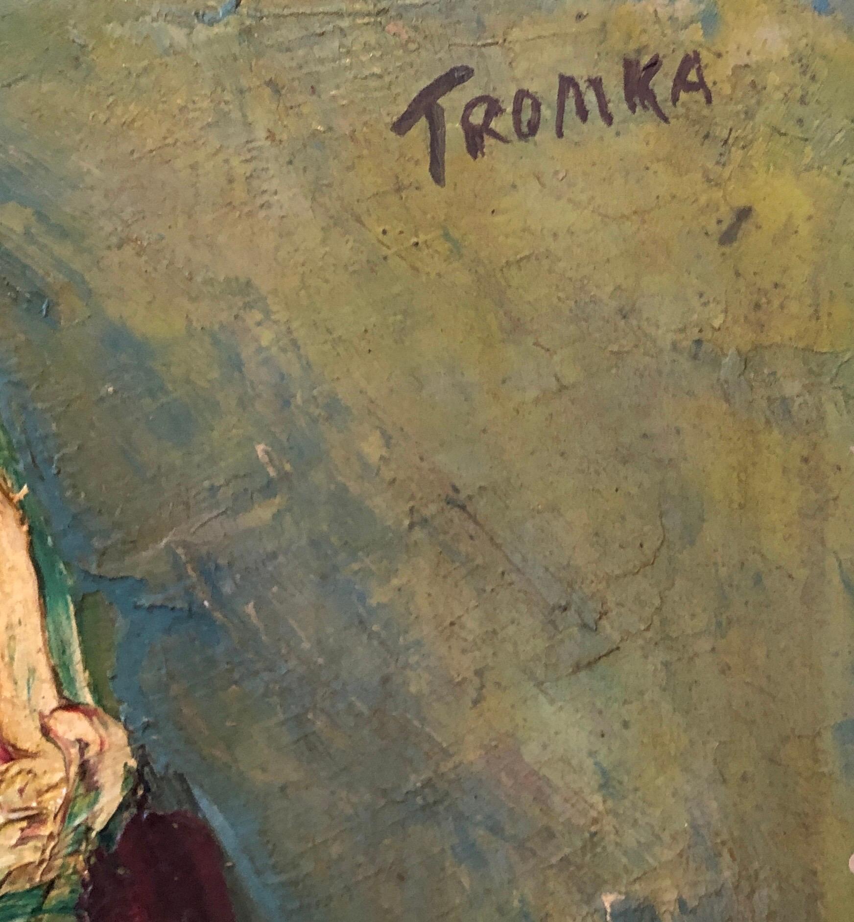 Rare Polish American 1930s Oil Painting Painting WPA Russian Babushka Jewish Art - Brown Portrait Painting by Abram Tromka