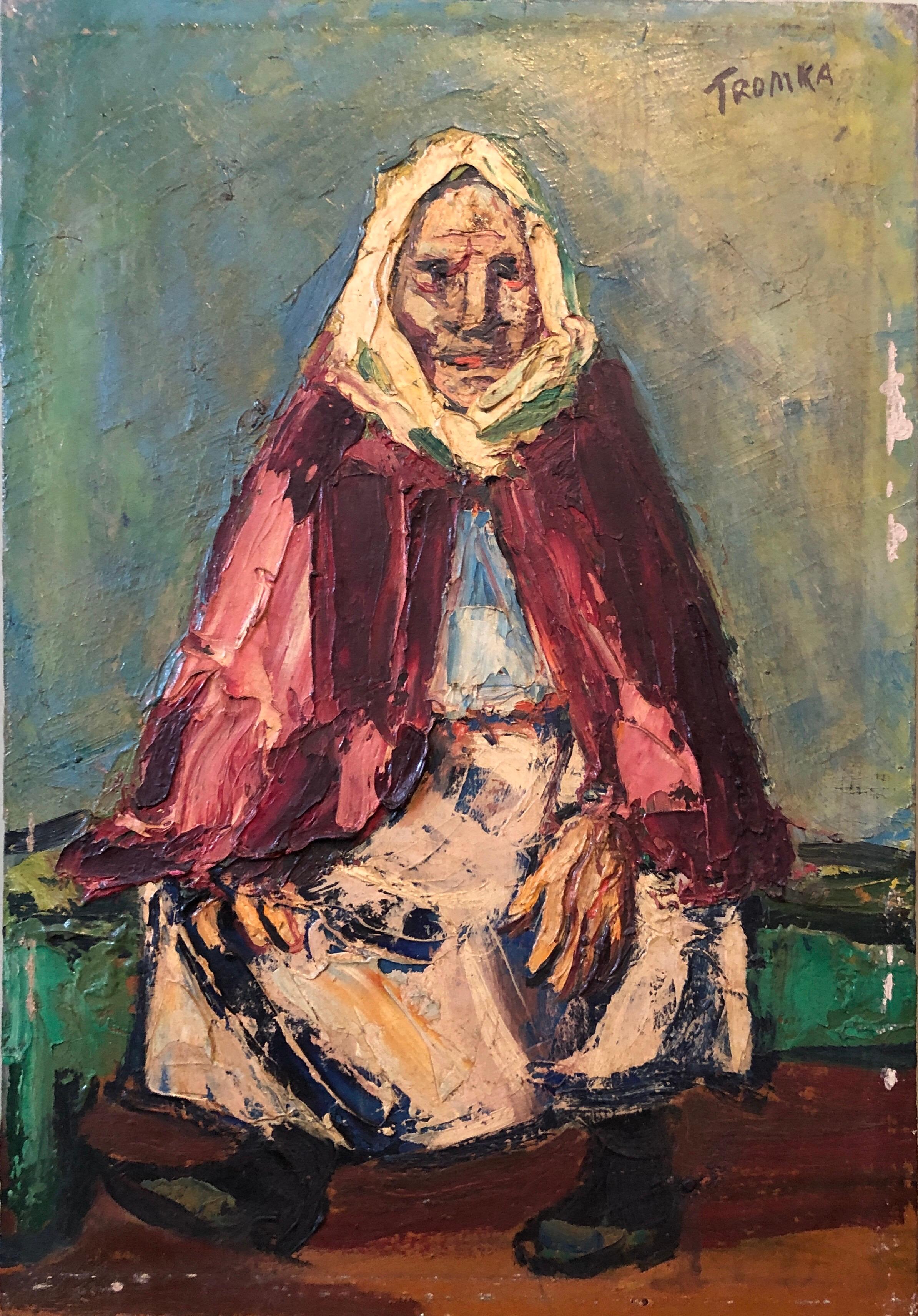 Rare Polish American 1930s Oil Painting Painting WPA Russian Babushka Jewish Art For Sale 3