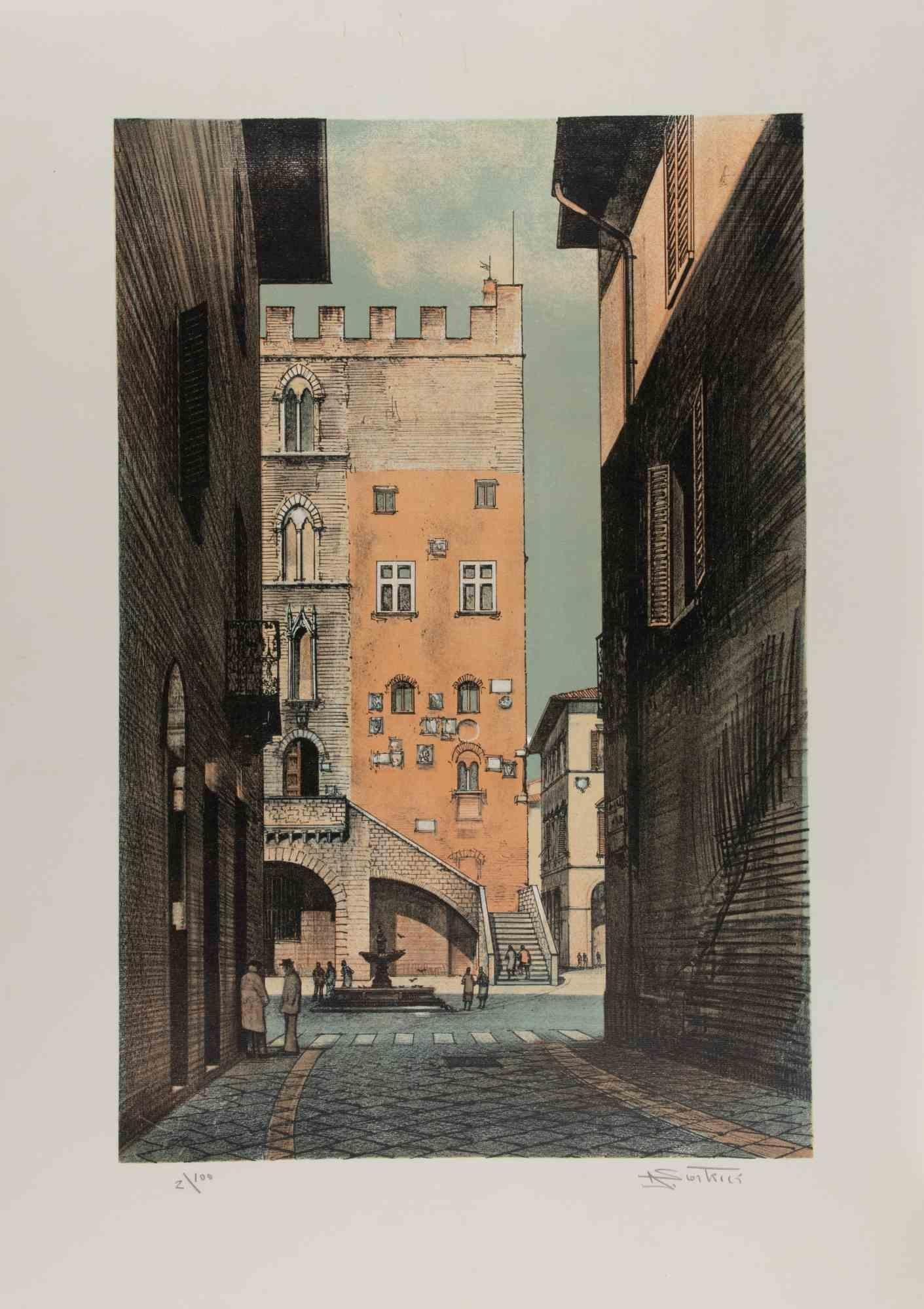 Beatuful Glimpse of Prato - Lithograph by Abramo Scortecci - 1990s