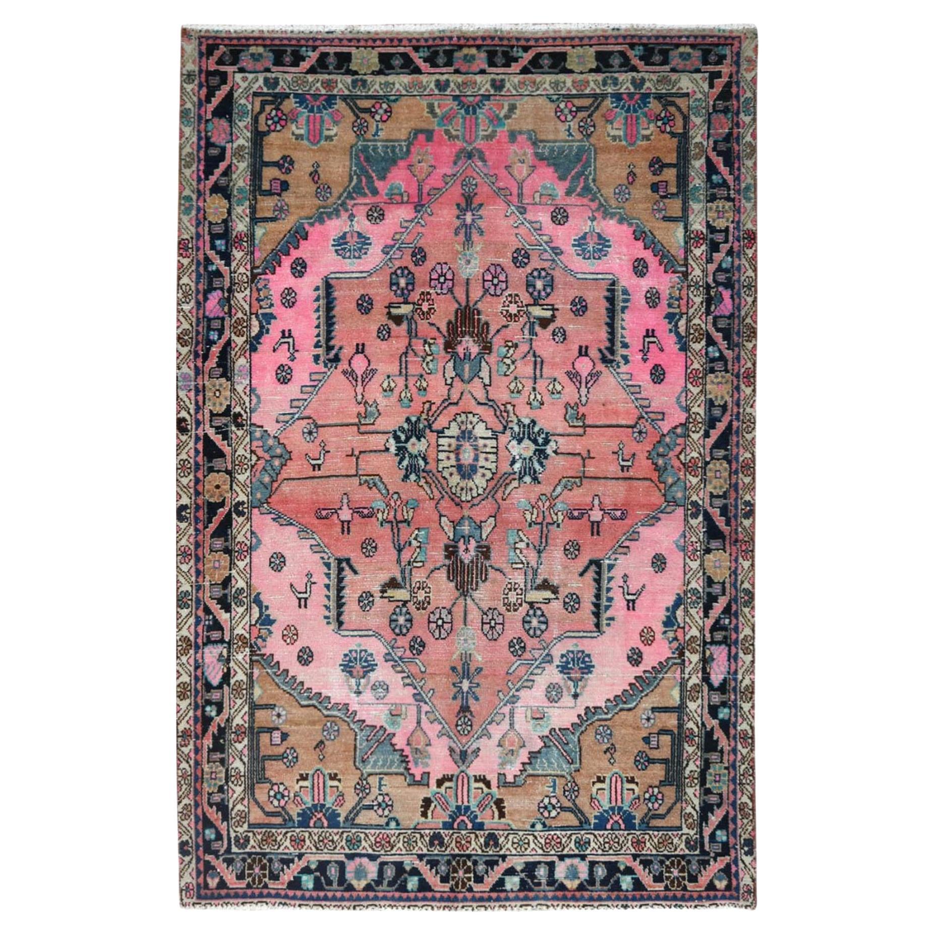 Abrash Pink Hand Knotted Vintage Persian Hamadan Cropped Thin Worn Wool Rug