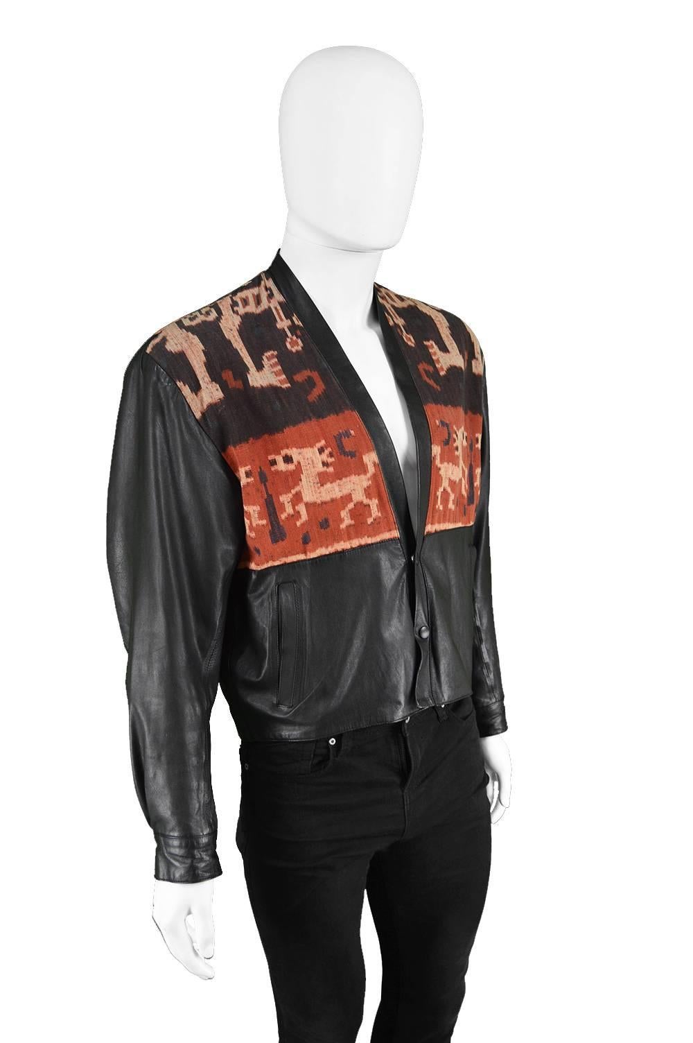 Black Abrasive Aorta Men's Vintage Leather and Handwoven Ikat Tapestry Jacket, 1980s For Sale