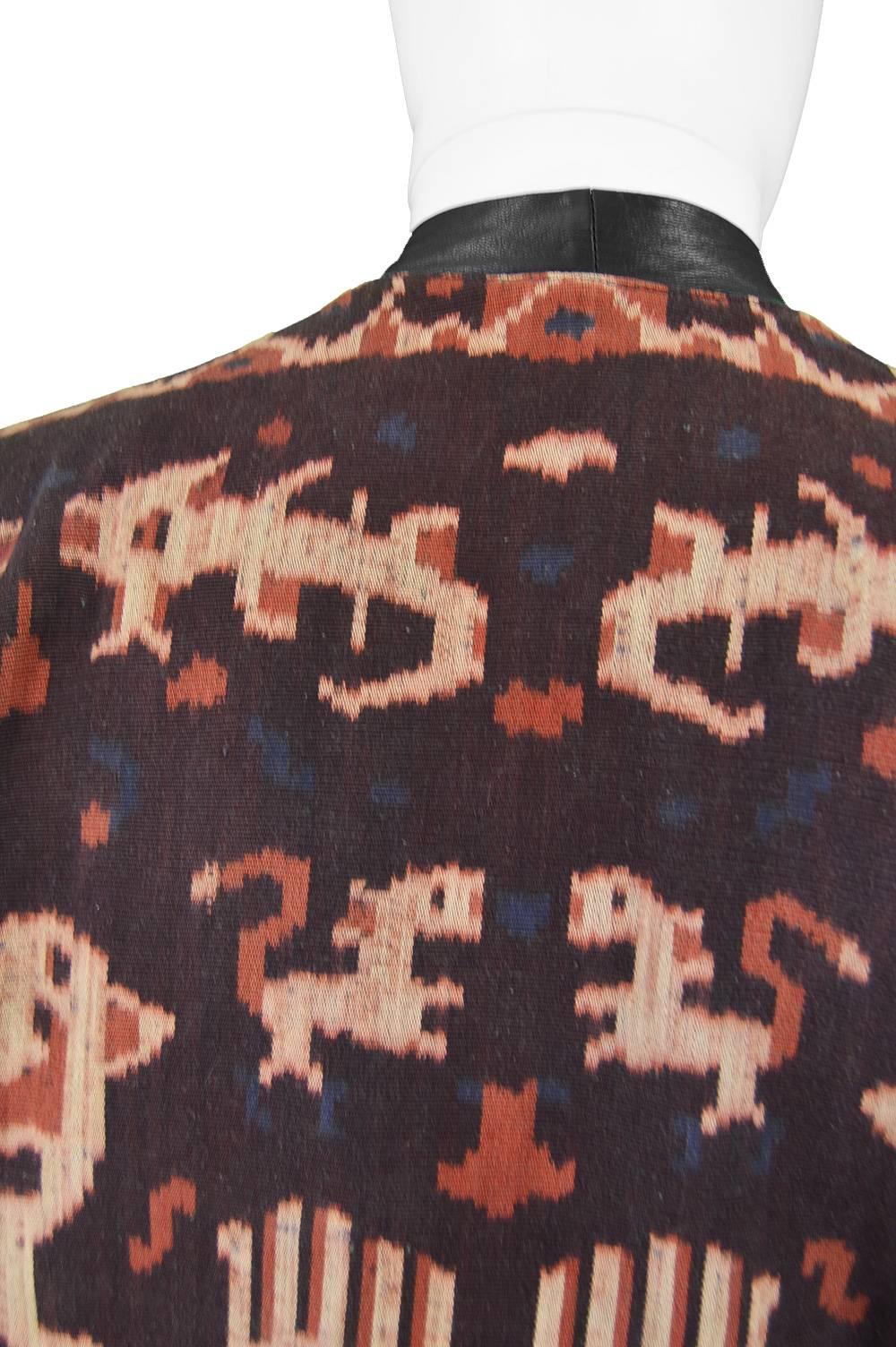 Abrasive Aorta Men's Vintage Leather and Handwoven Ikat Tapestry Jacket, 1980s 1