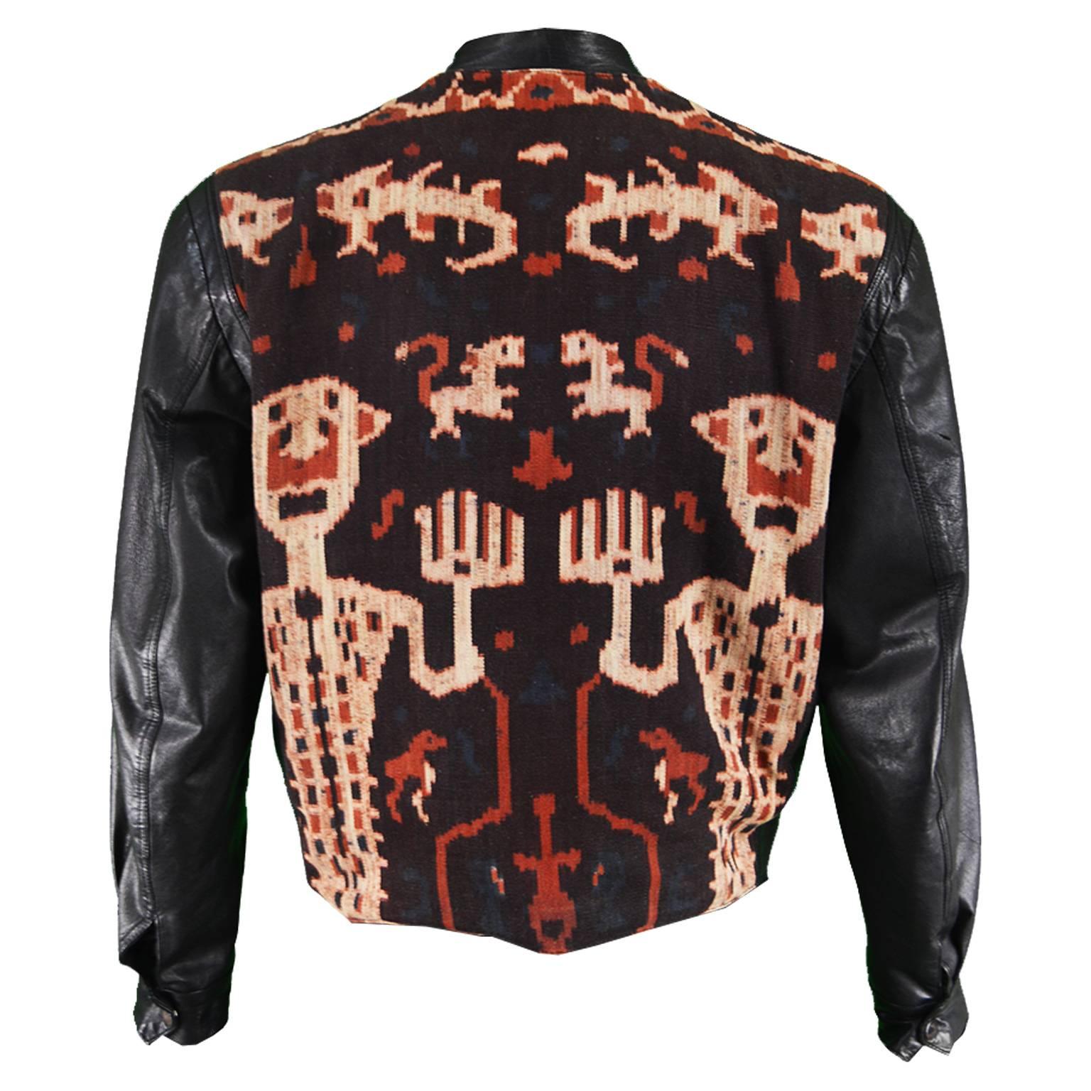 Abrasive Aorta Men's Vintage Leather and Handwoven Ikat Tapestry Jacket, 1980s For Sale