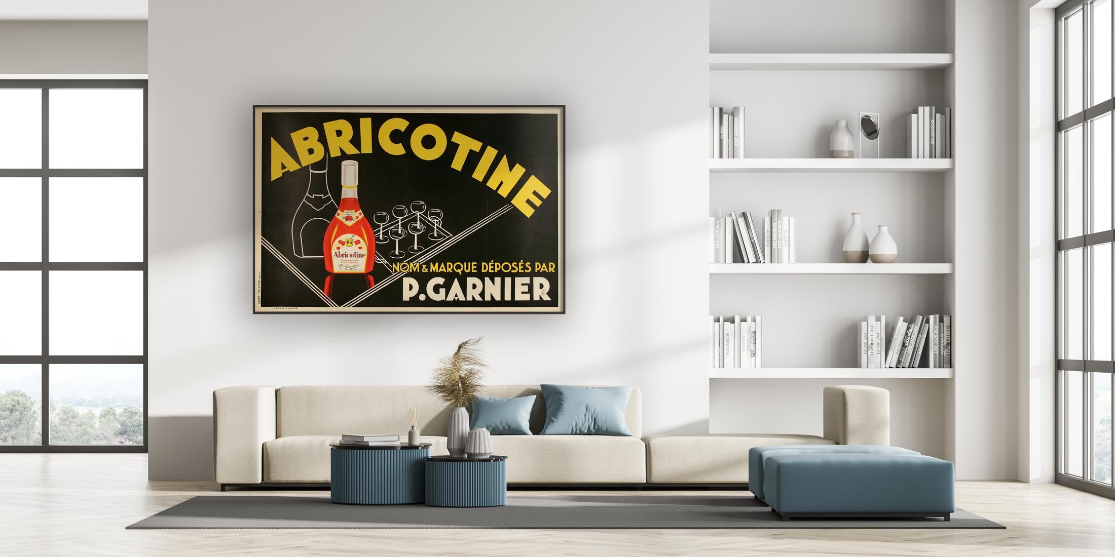 Fabulous large and impactful 1930s vintage French alcohol advertsing poster for Abricotine. Superb colors and styling.

Abricotine is a clear, colorless fruit brandy that is characterized by its dominant apricot and subtle almond flavour. It is