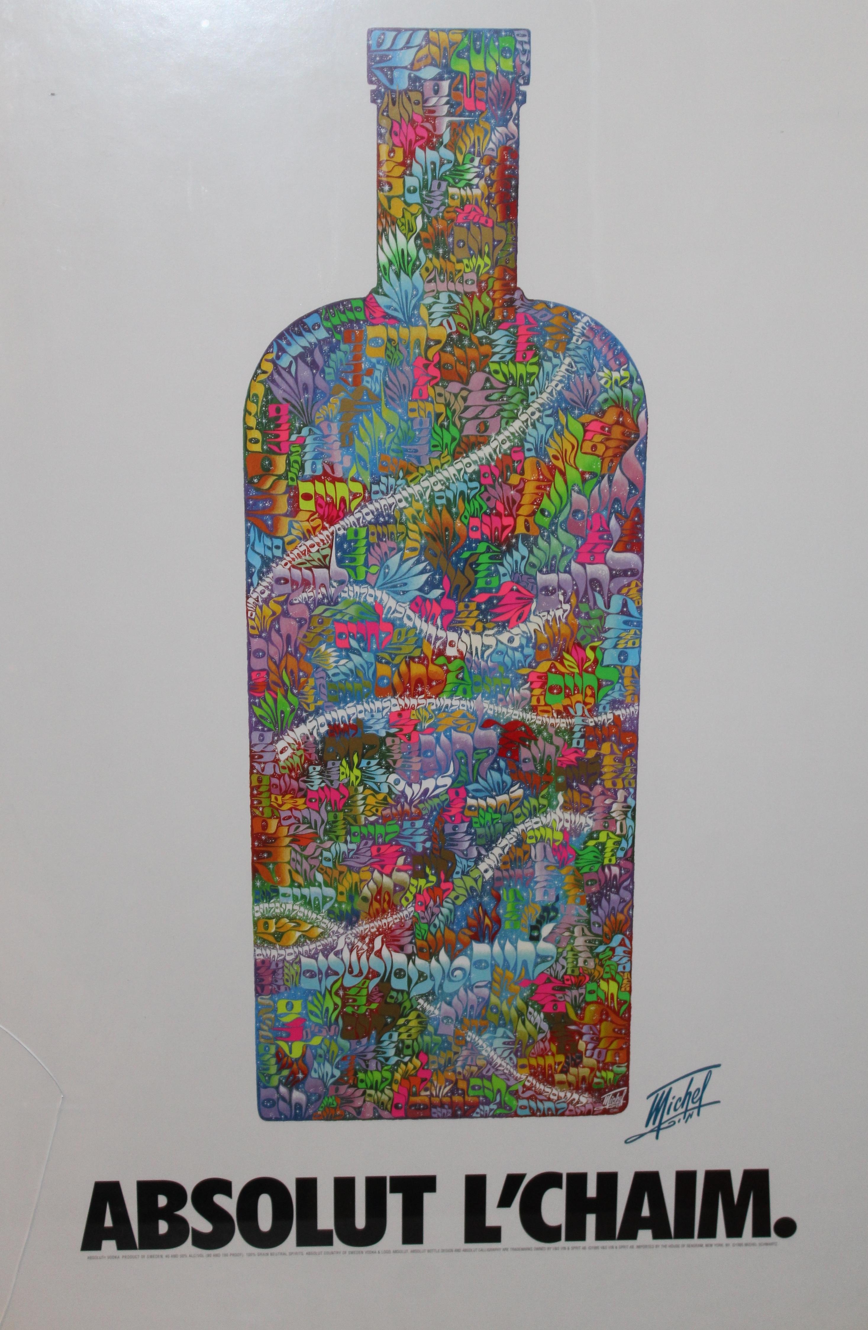 Original framed Absolut Vodka advertisement print from 1995, titled “Absolut L’Chaim.” Designed by Michel Schwarz, this piece combines playful design with cultural resonance, making it a collectible example of late 20th-century advertising