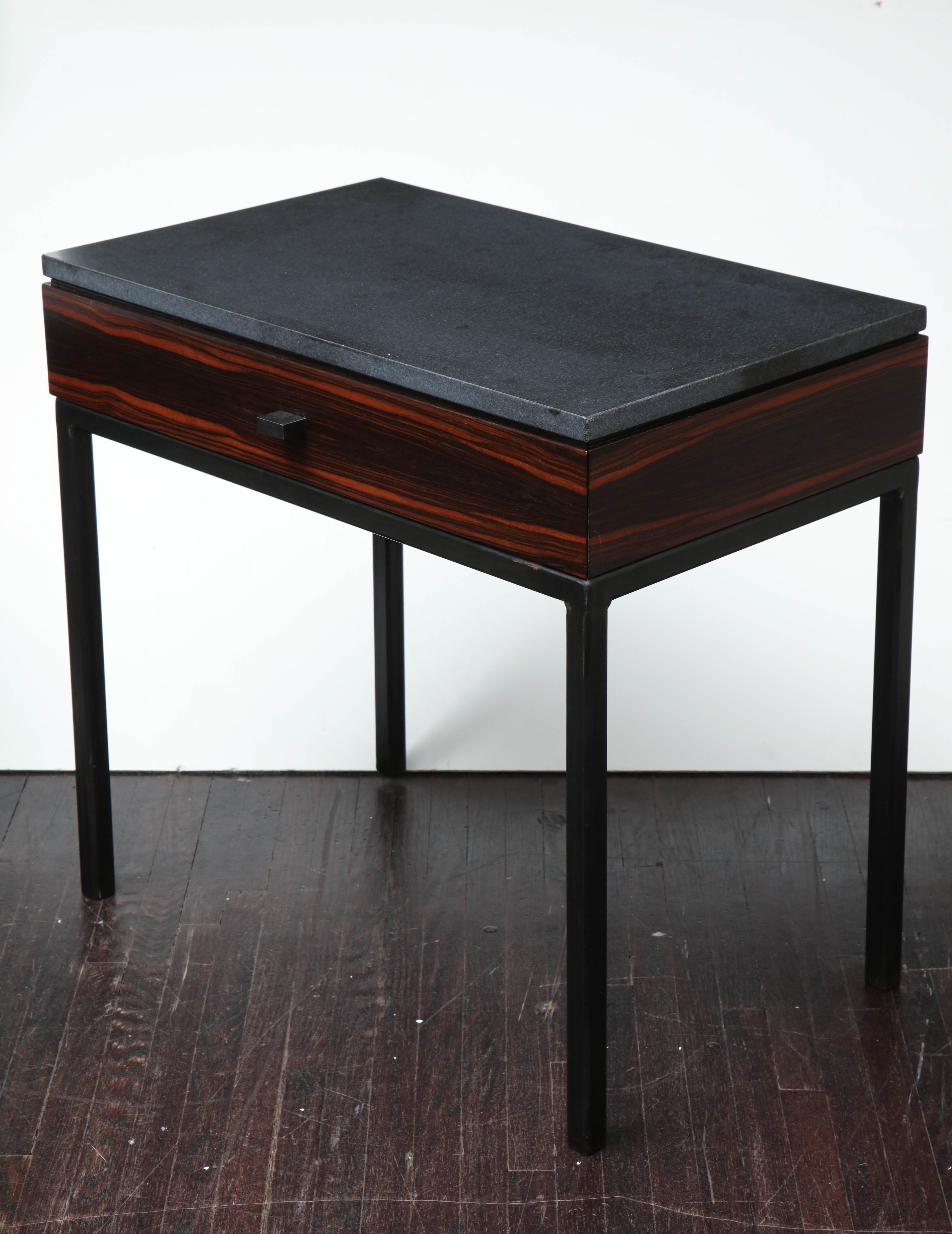 Beautifully composed with Macassar ebony wood drawer and blackened steel legs.