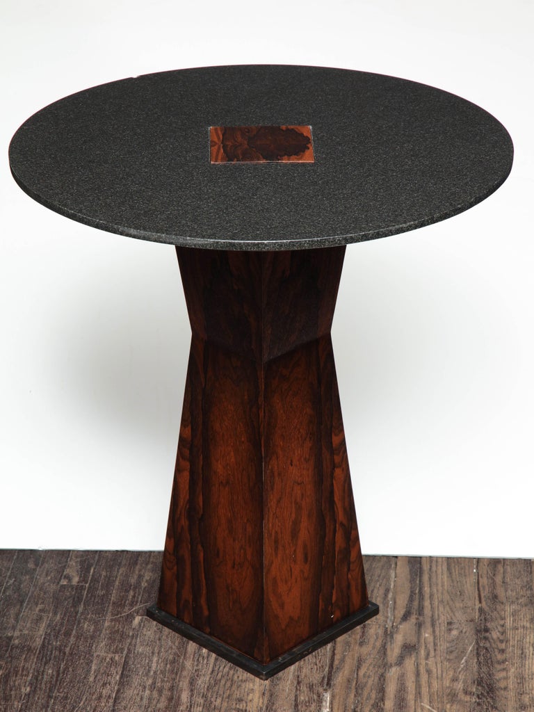 Absolute Black Granite Side Table with Sculptural Wood Base For Sale at