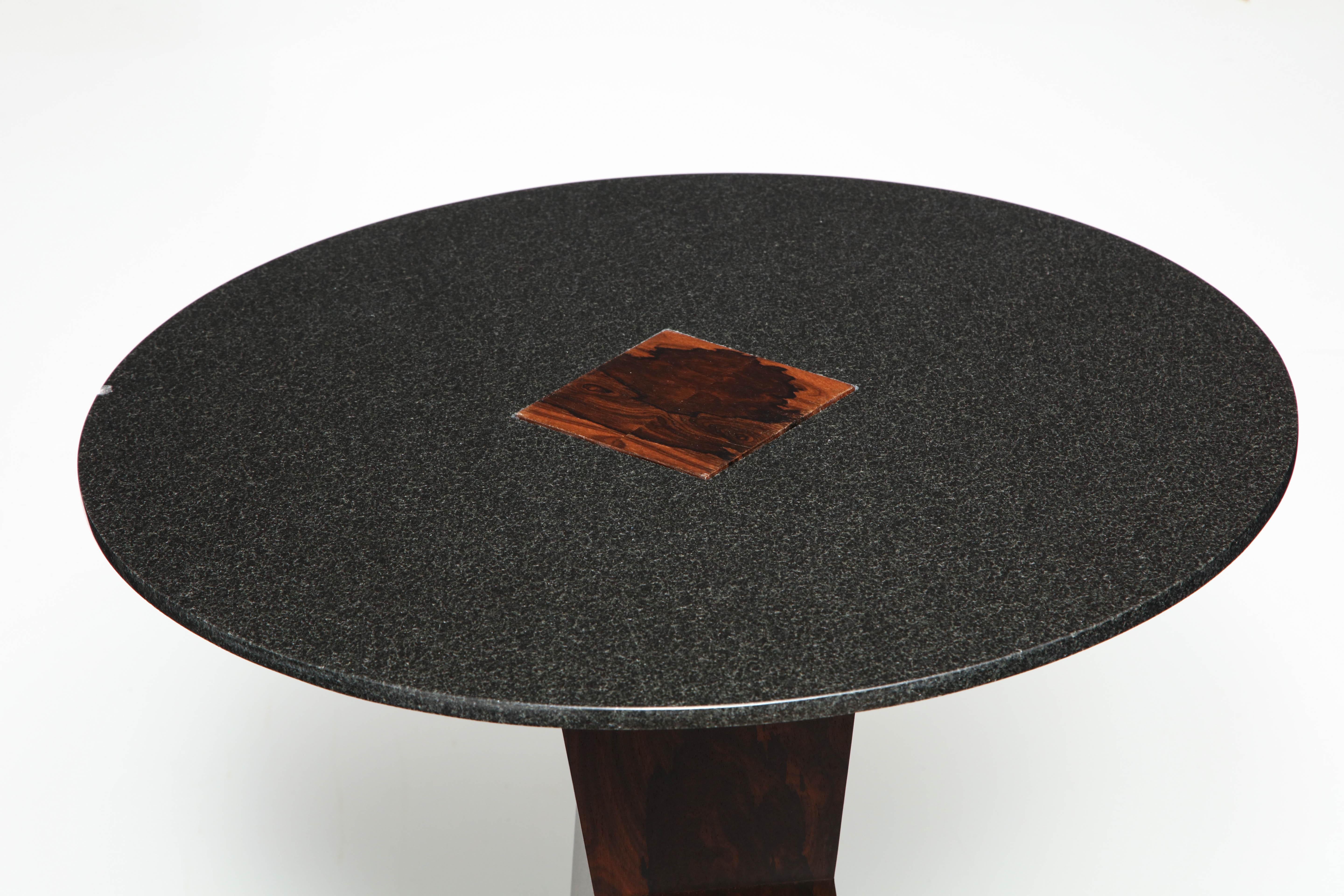 Patinated Absolute Black Granite Side Table with Sculptural Wood Base