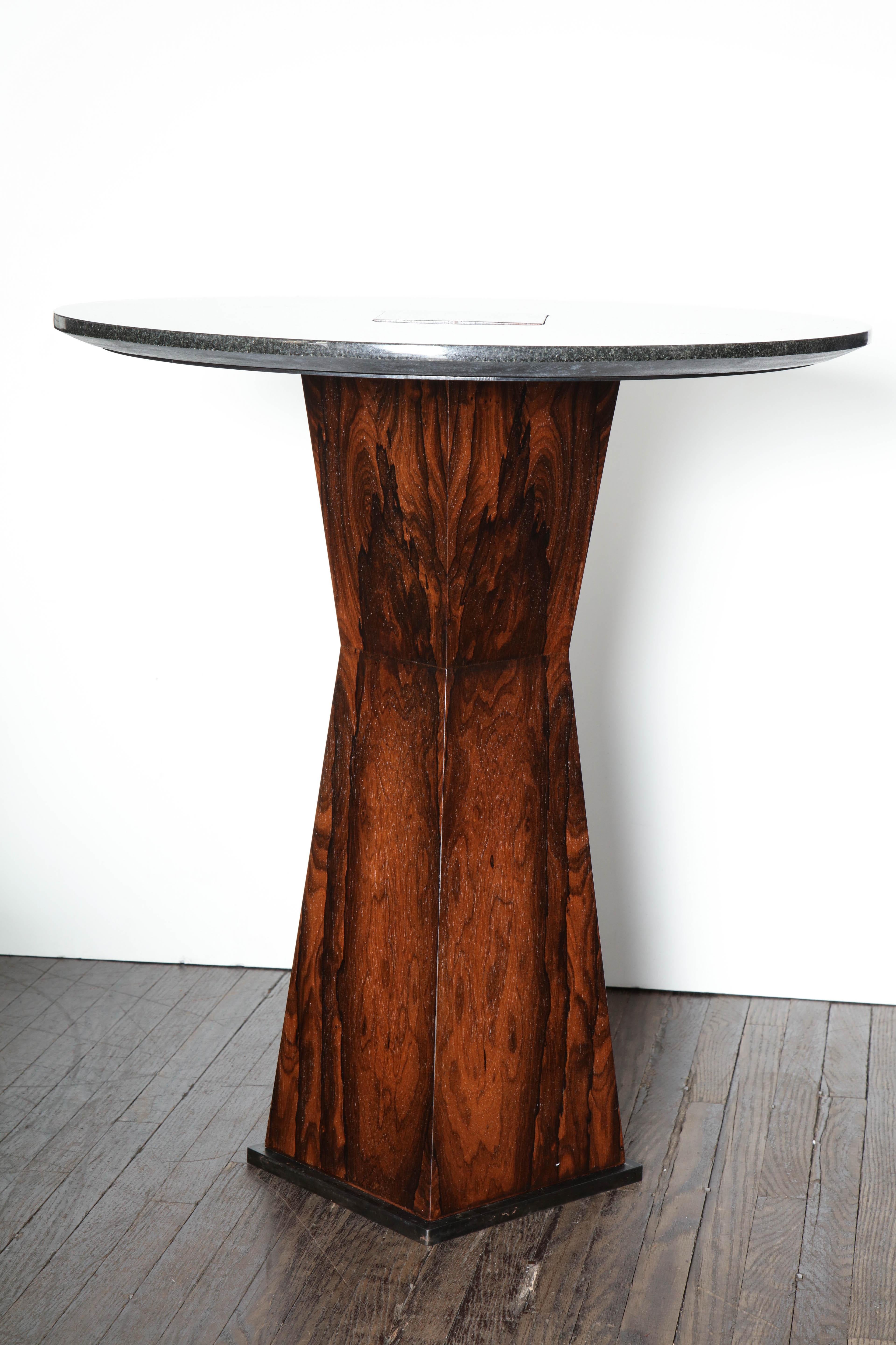 Absolute Black Granite Side Table with Sculptural Wood Base In Excellent Condition In New York, NY