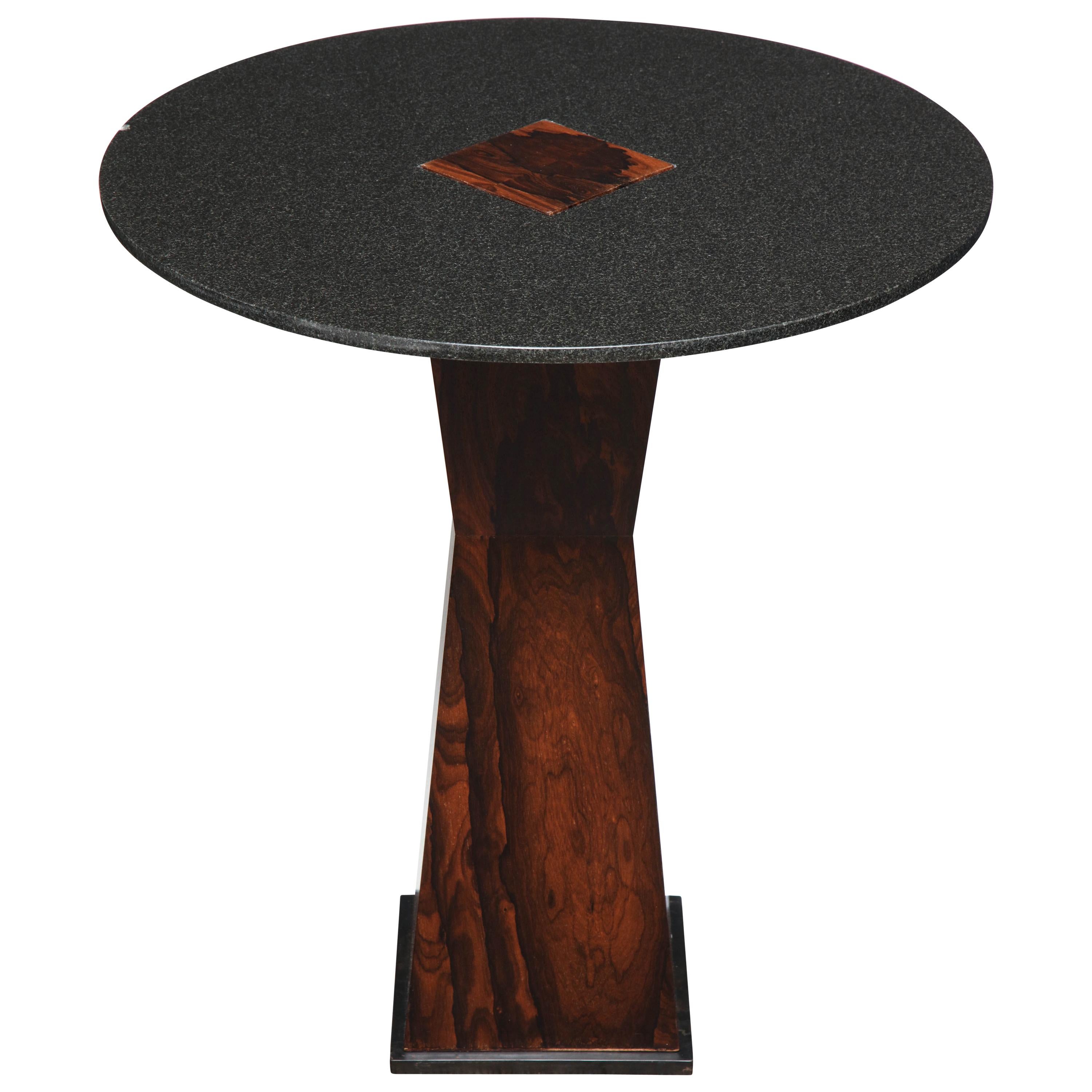 Absolute Black Granite Side Table with Sculptural Wood Base