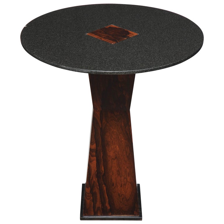 Absolute Black Granite Side Table with Sculptural Wood Base For Sale at