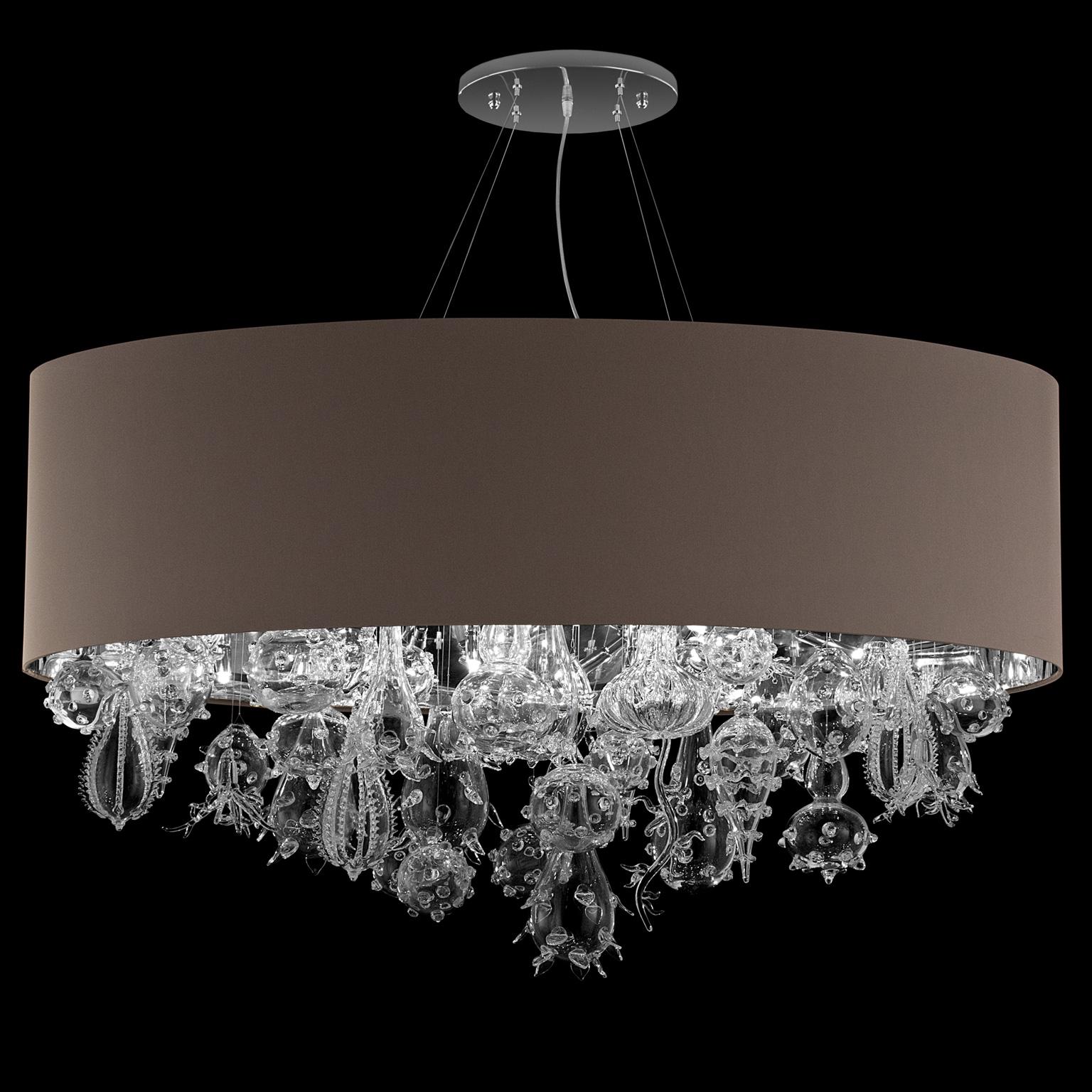 Absolute d'acqua suspension with cotton lampshade, artistic crystal glass sea mood by Multiforme
Absolute d'acqua suspension lamp with dove grey cotonette lampshade and gold leaf artistic glass elements by Multiforme. Polished gold frame. The