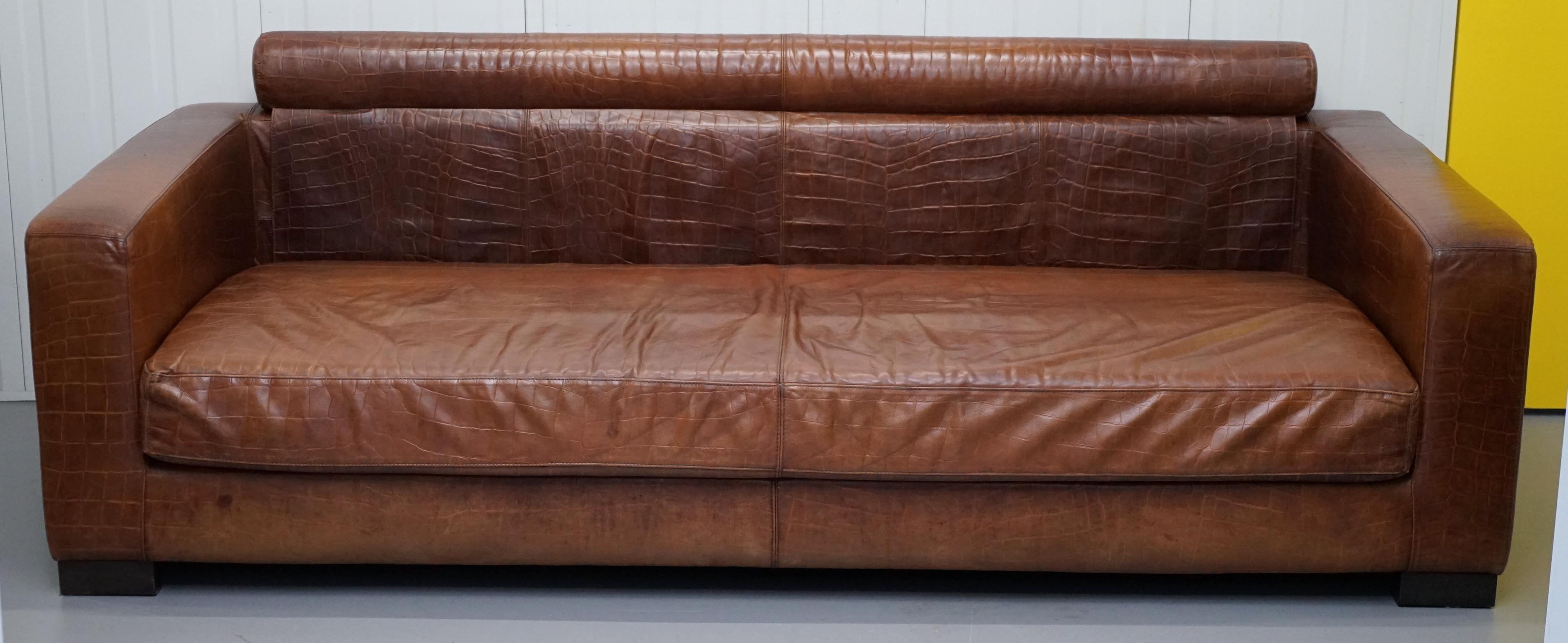 Modern Absolute Elite Fendi Casa Crocodile Embossed Brown Leather Huge Sofa