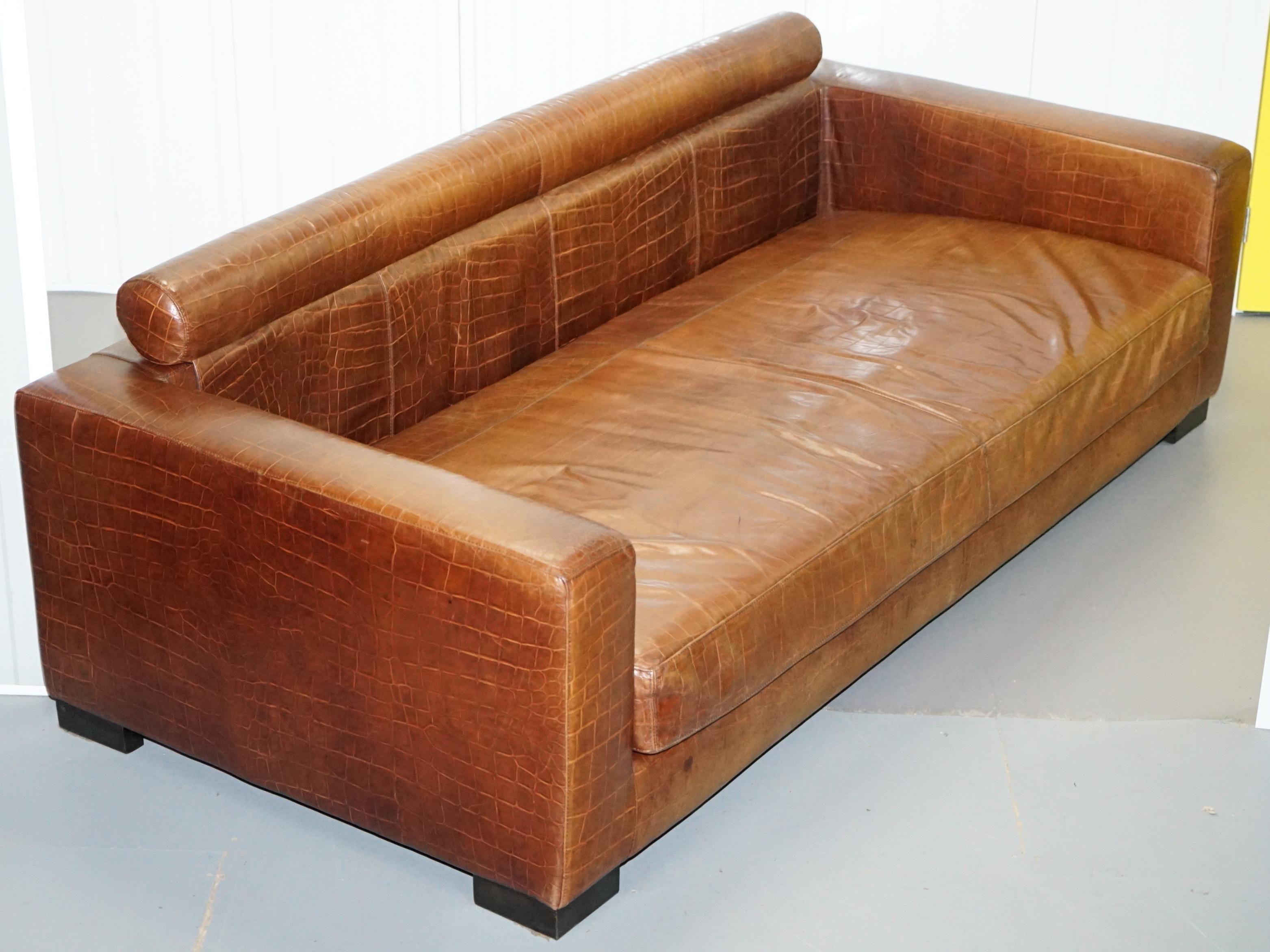 American Absolute Elite Fendi Casa Crocodile Embossed Brown Leather Huge Sofa